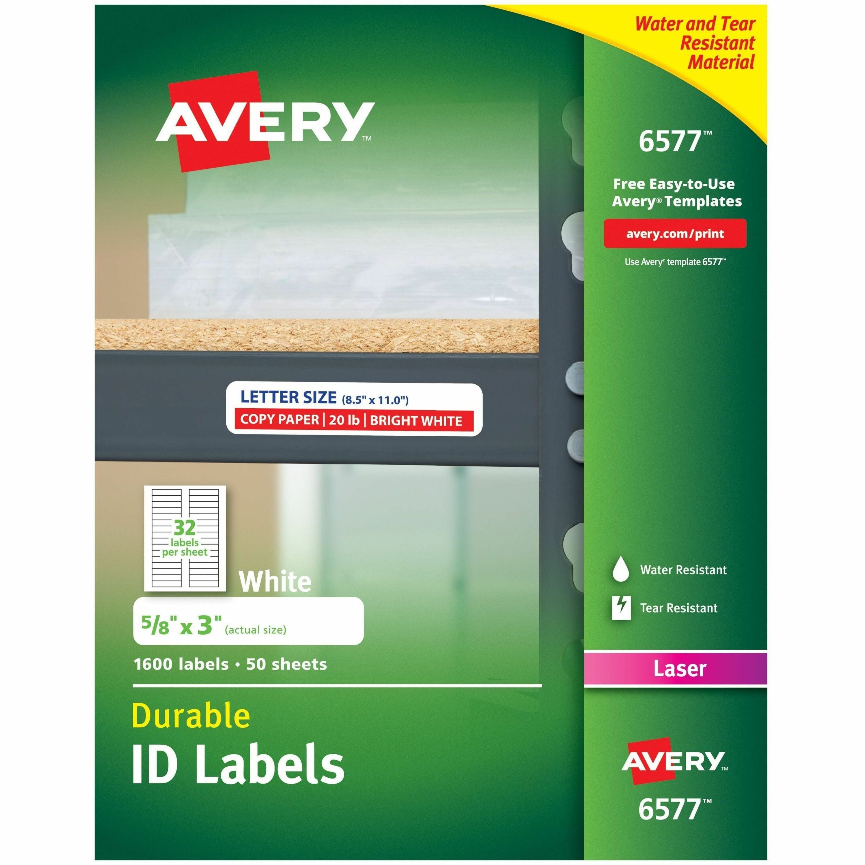 Avery Permanent Durable ID Laser Labels, Waterproof, 5/8" x 3", Rectangle, Matte White Film, Permanent Adhesive, 32 Labels/Sheet, 50 Sheets, 1600 Labels/Pack