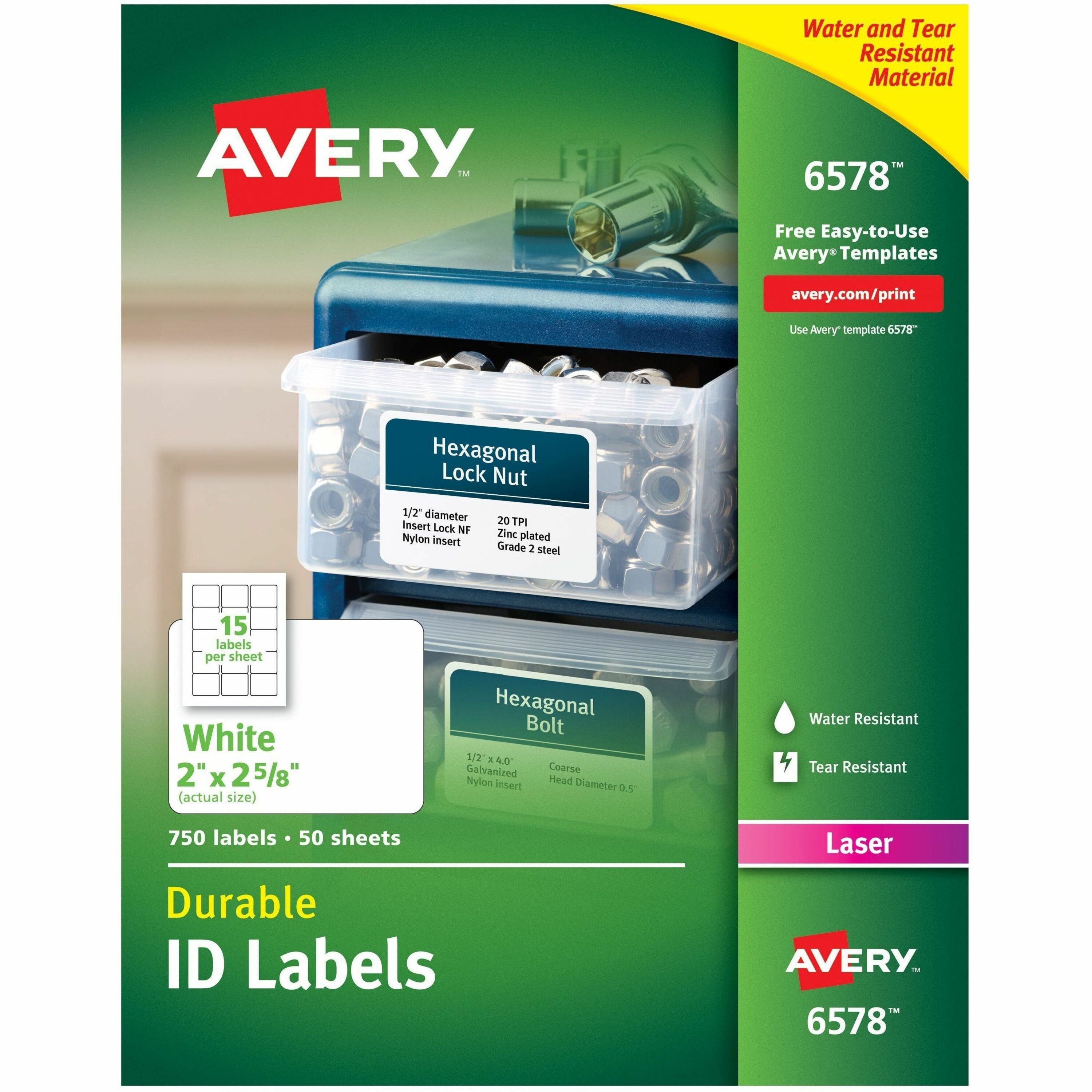 Avery Permanent Durable ID Laser Labels, 2" x 2 5/8", Rectangle, Matte White, Waterproof, Tear & Smudge Resistant, 15 Labels/Sheet, 50 Sheets, 750 Labels/Pack