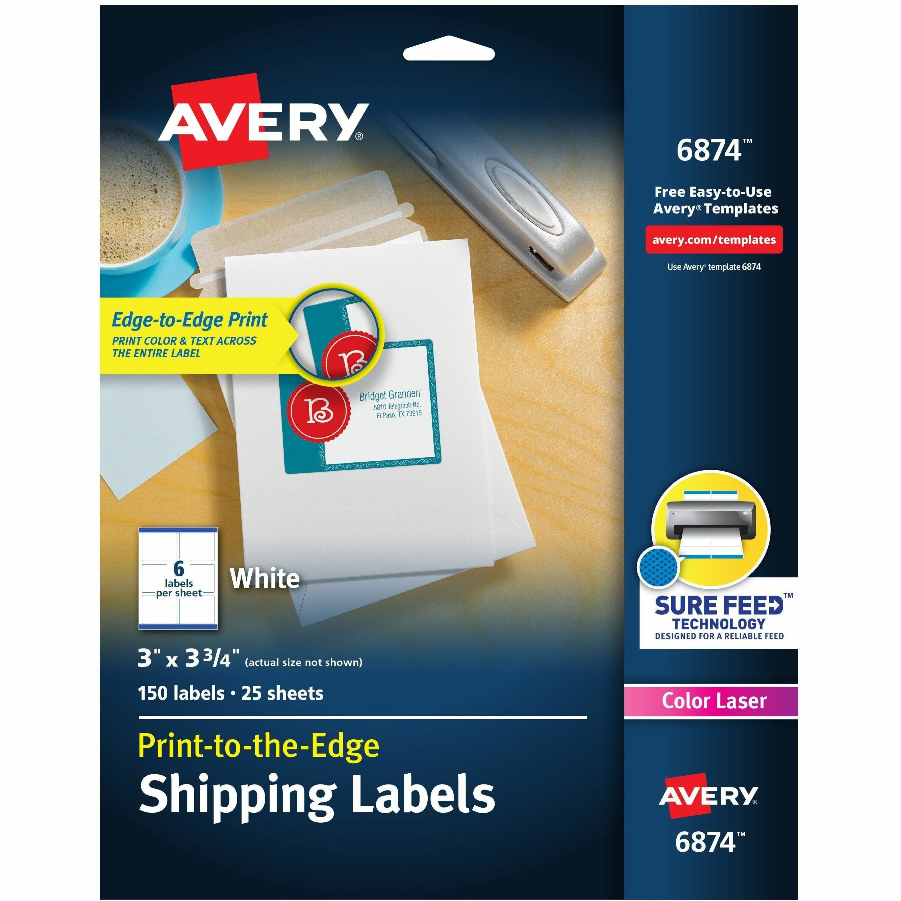 Avery&reg; Shipping Labels, Sure Feed, 3" x 3-3/4" , 150 Labels (6874)