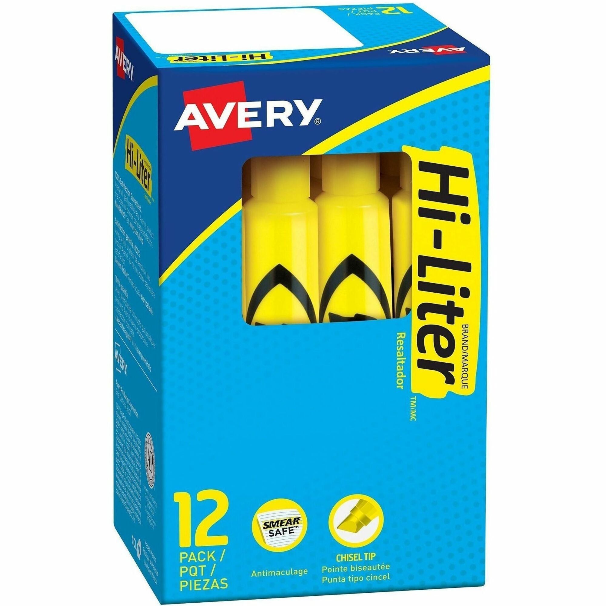 Avery&reg; Desk Style Highlighters - Chisel Marker Point - Yellow Ink - Yellow Barrel - 1 Dozen