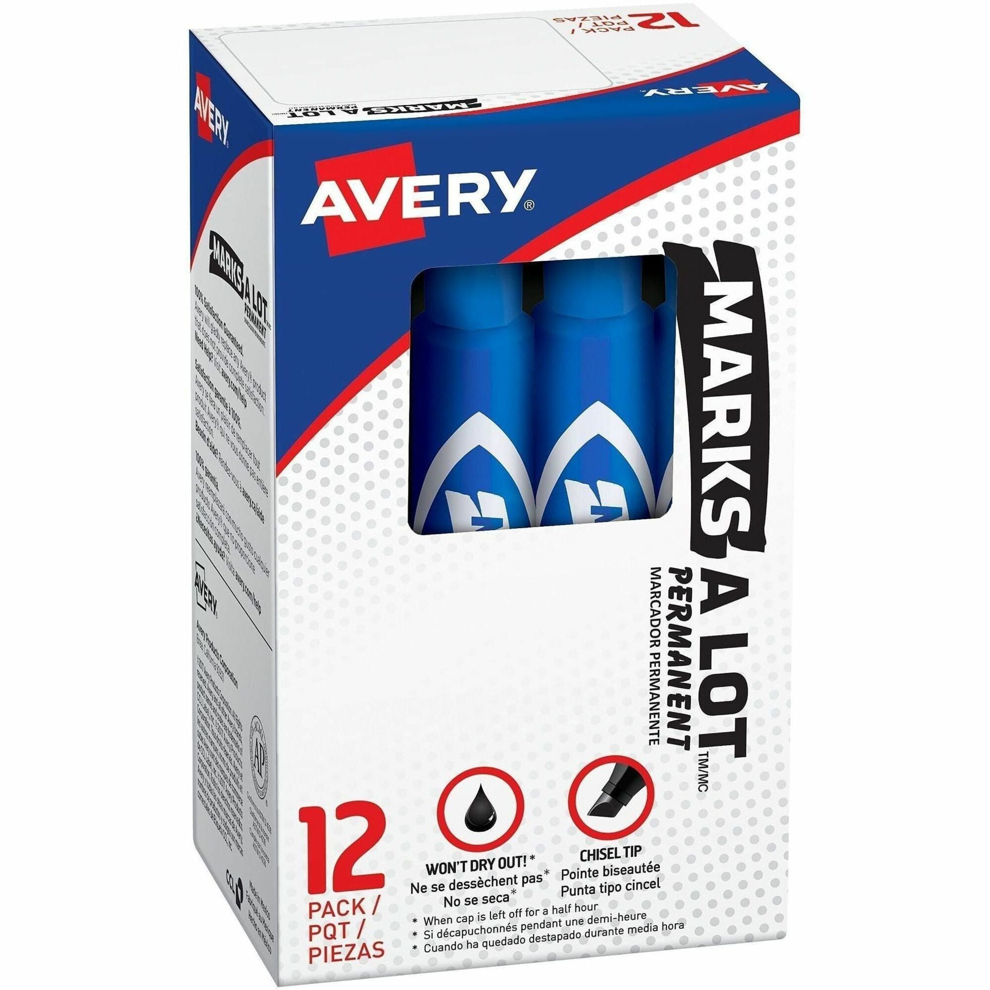 Avery&reg; Marks-A-Lot Desk-Style Permanent Markers - 4.762500 mm Regular Chisel Marker Point - Blue Ink - Blue Plastic Barrel - 1 Dozen