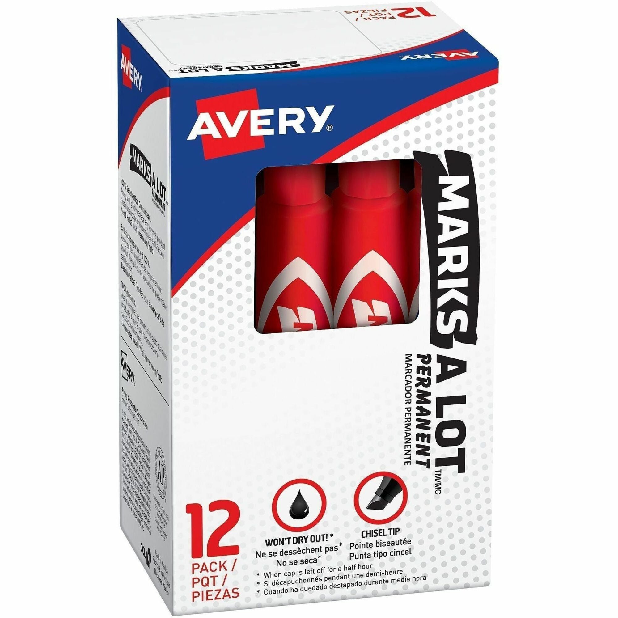 Avery&reg; Marks A Lot Permanent Markers - 4.762500 mm Regular Chisel Marker Point - Red Ink - Red Plastic Barrel - 1 Dozen