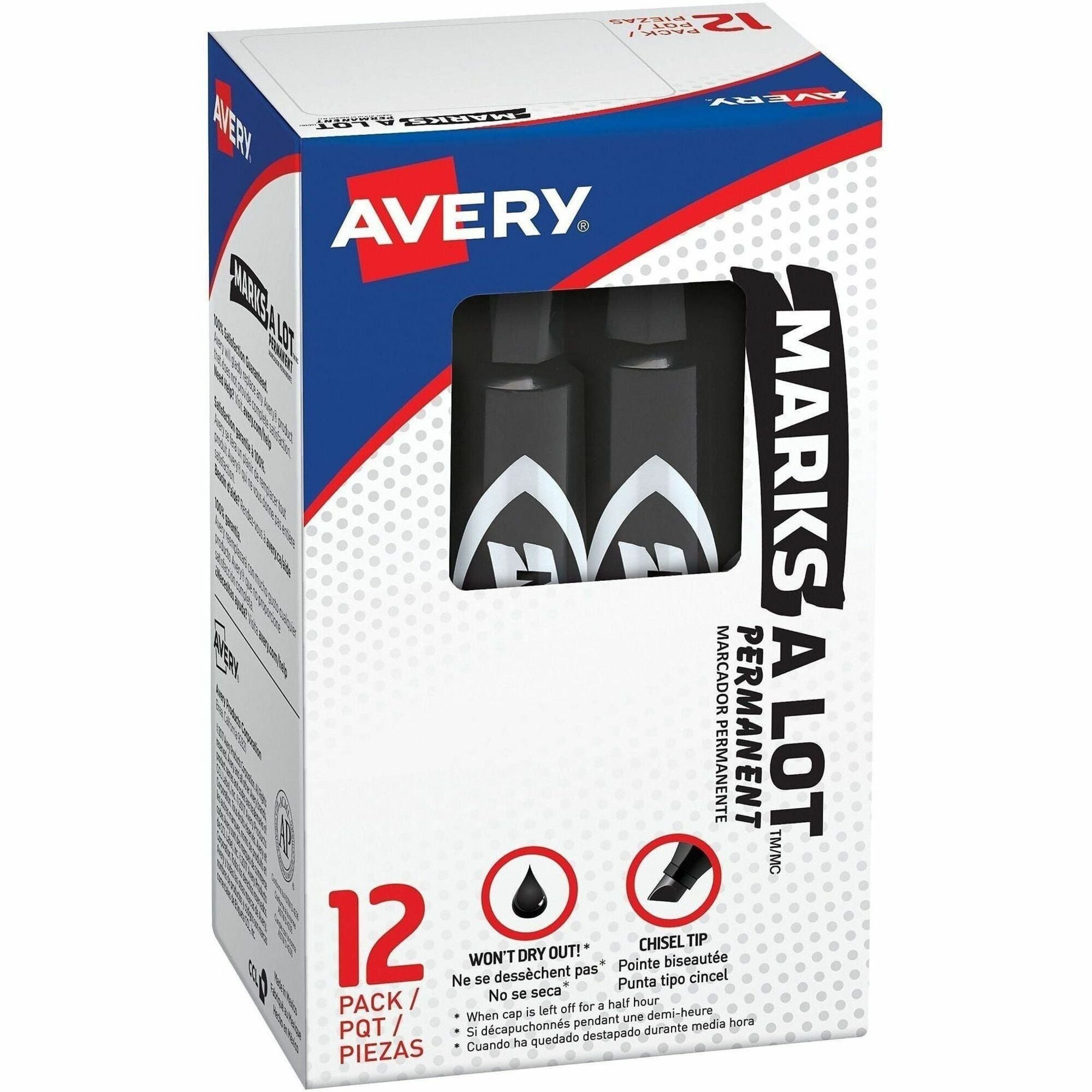 Avery&reg; Marks-A-Lot Desk-Style Permanent Markers - 4.762500 mm Regular Chisel Marker Point - Black Ink - Black Plastic Barrel - 1 Dozen