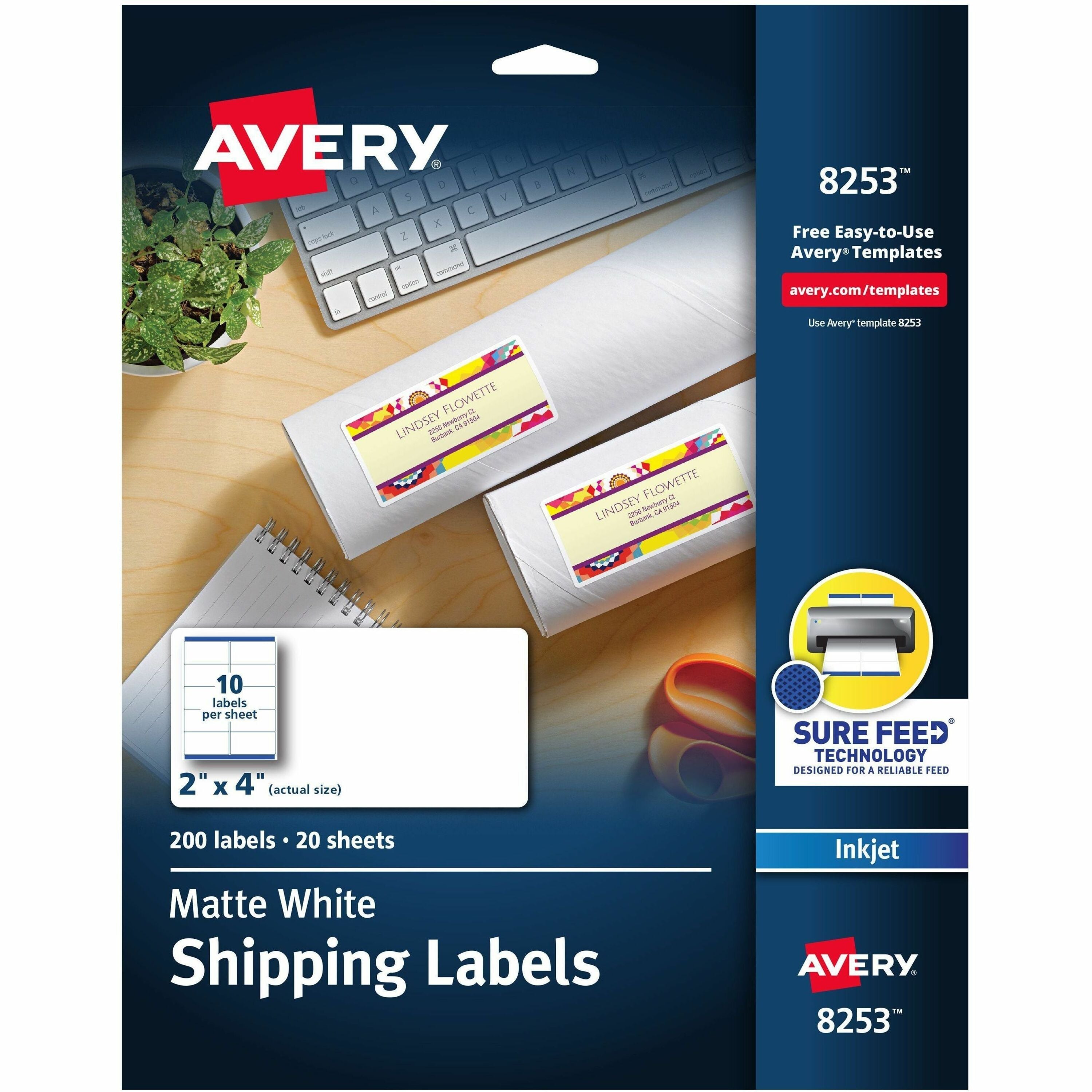 2" Width x 4" Length - Permanent Adhesive - Rectangle - Inkjet - White - Paper - Permanent Adhesive, Jam Resistant, Customizable - 10 / Sheet - 20 Total Sheets - 200 Total Label(s) - 200 / Pack