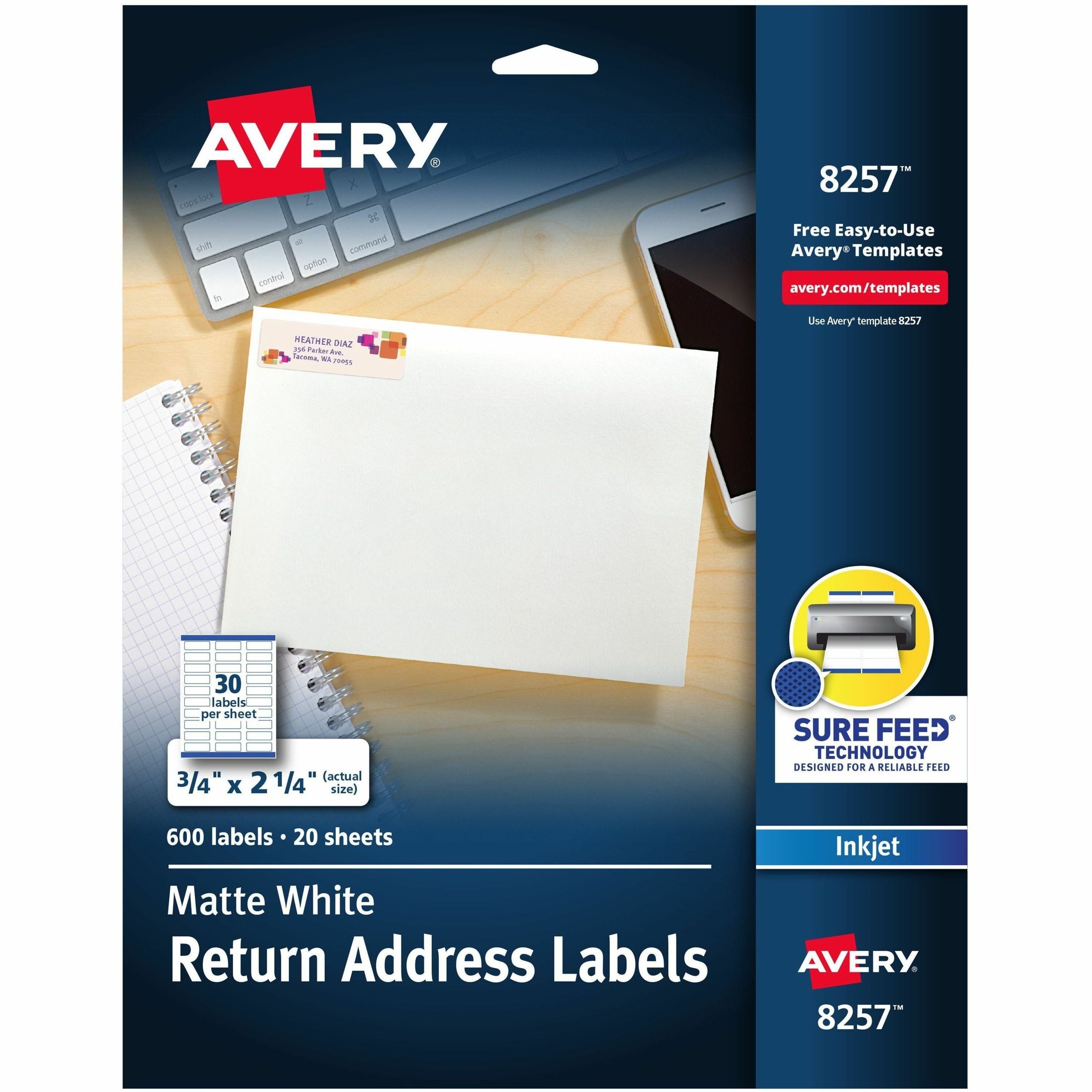 3/4" Width x 2 1/4" Length - Permanent Adhesive - Rectangle - Inkjet - Matte - White - Paper - Print-to-the Edge, Permanent Adhesive, Stick & Stay, Jam Resistant - 30 / Sheet - 20 Total Sheets - 600 Total Label(s) - 600 / Pack