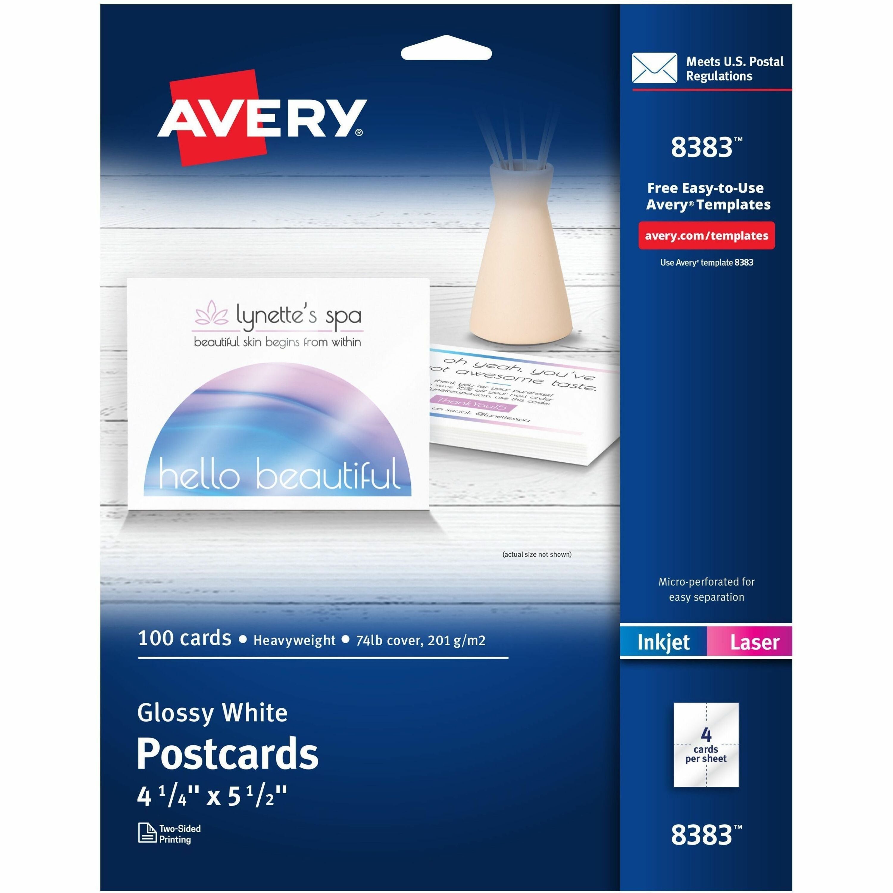 98 Brightness - 5 1/2" x 4 1/4" - 74 lb Basis Weight - 201 g/m² Grammage - Glossy - Perforated, Heavyweight, Rounded Corner, Double-sided, Recyclable, Printable - White - 25 Sheets - 4 - 100 / Pack