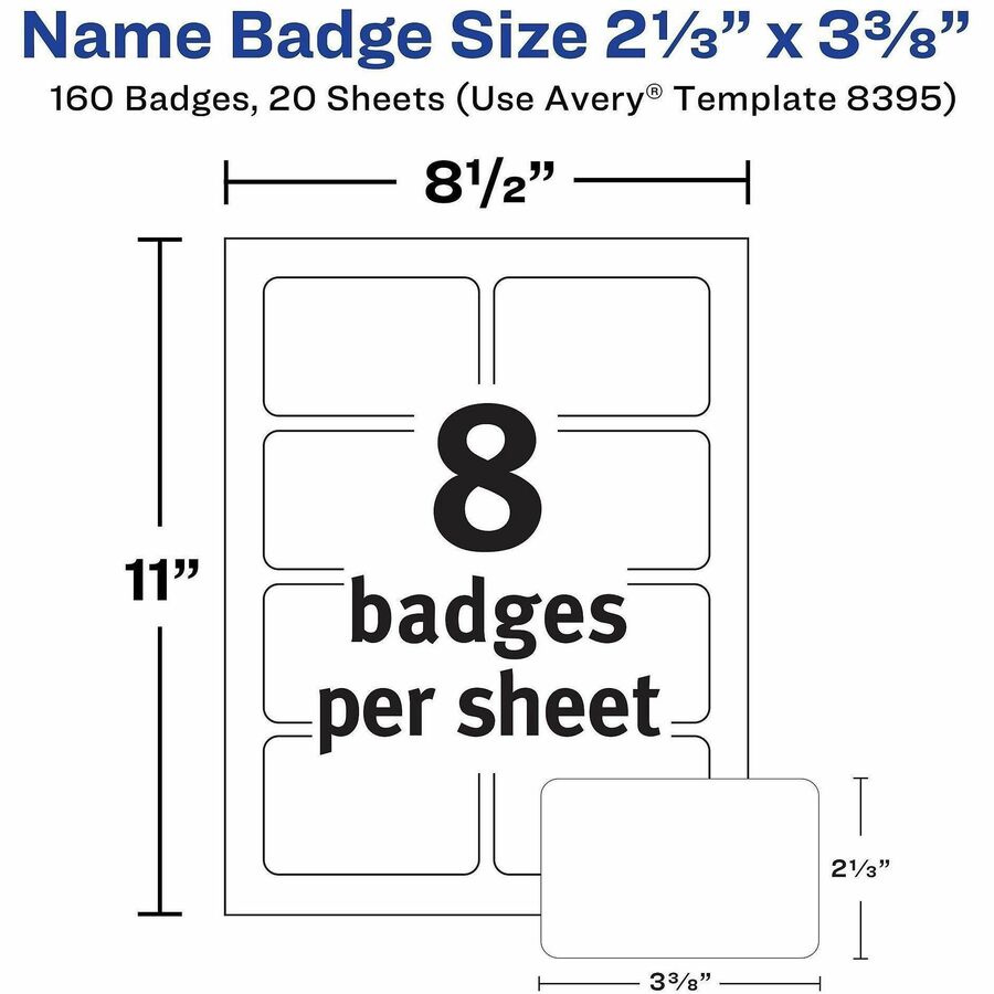 Avery Adhesive Name Badges, White, Matte, 2 21/64" x 3 3/8", Rectangle, Removable, PVC-free, 8 Labels/Sheet, 20 Sheets, 160 Total Labels, 1 Pack