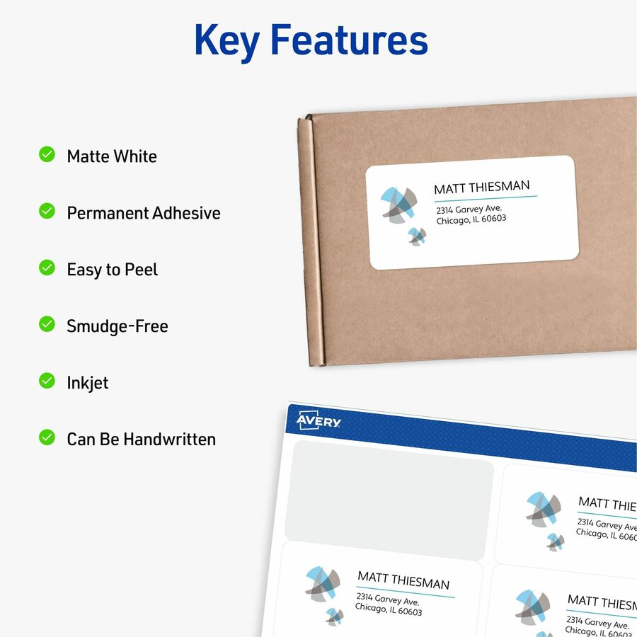 2" Width x 4" Length - Permanent Adhesive - Rectangle - Inkjet - Matte - White - Paper - Permanent Adhesive, Jam Resistant, Customizable - 10 / Sheet - 100 Total Sheets - 1000 Total Label(s) - 1000 / Box
