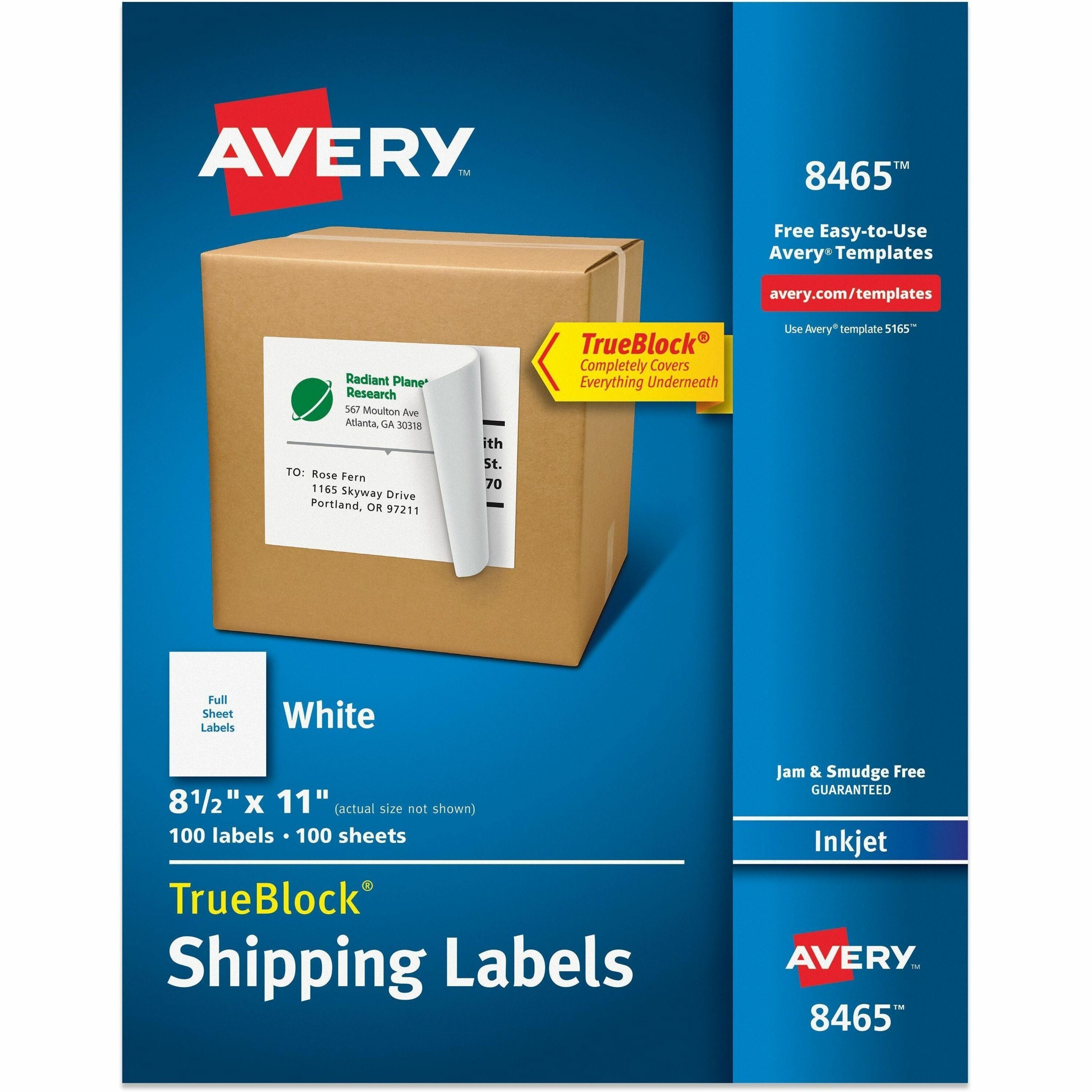 Avery TrueBlock Shipping Labels, Full Sheet, 8.5" x 11", Matte White, Permanent Adhesive, Inkjet Compatible, Jam and Smudge Resistant, 1 Label/Sheet, 100 Sheets/Box, 100 Labels Total