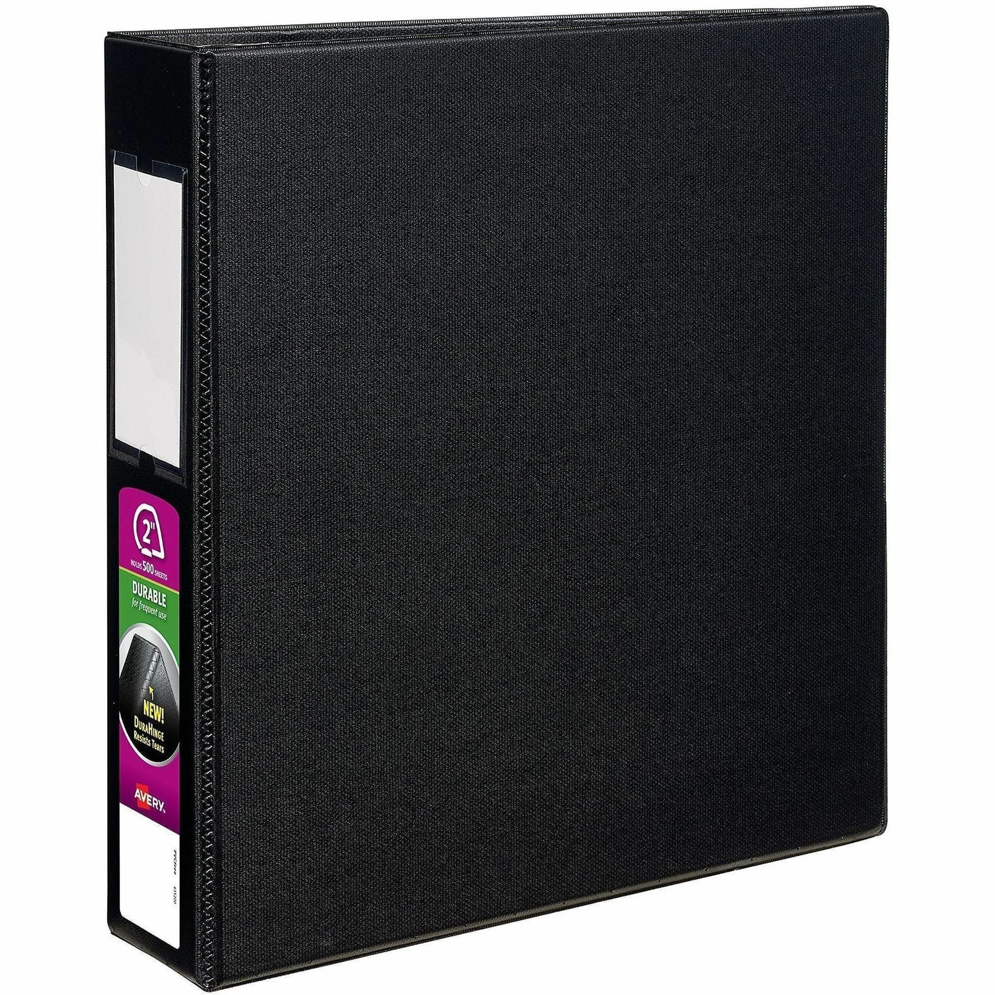 Avery DuraHinge Durable Binder with Label Holder, 2" Capacity, 3 D-Rings, 540 Sheet, 4 Internal Pockets, Black, Poly, Recycled, 1 Each