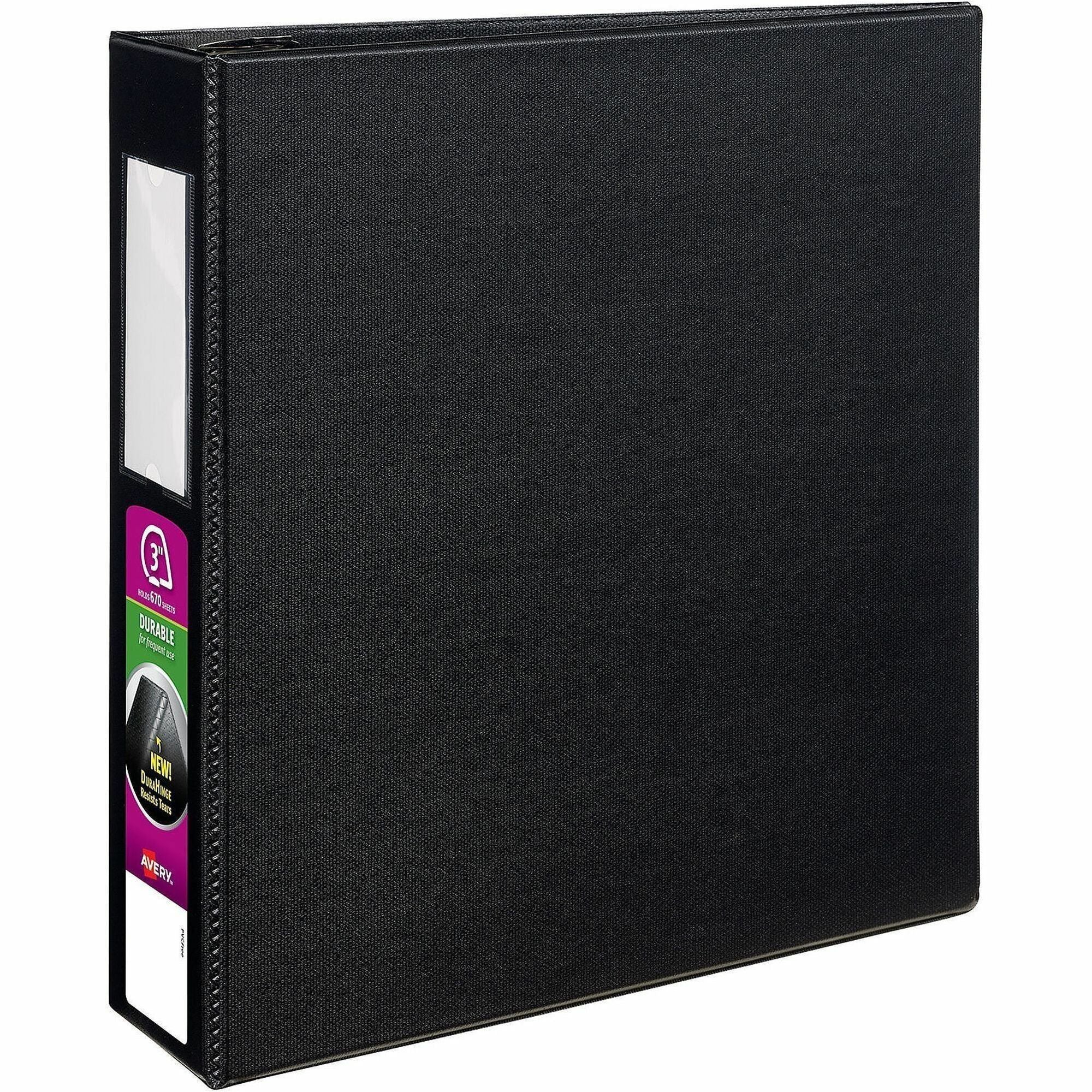 Avery DuraHinge Durable Binder with Label Holder, 3" Capacity, 670 Sheets, 3 D-Rings, 4 Internal Pockets, Letter Size, Black, Poly, 1 Each