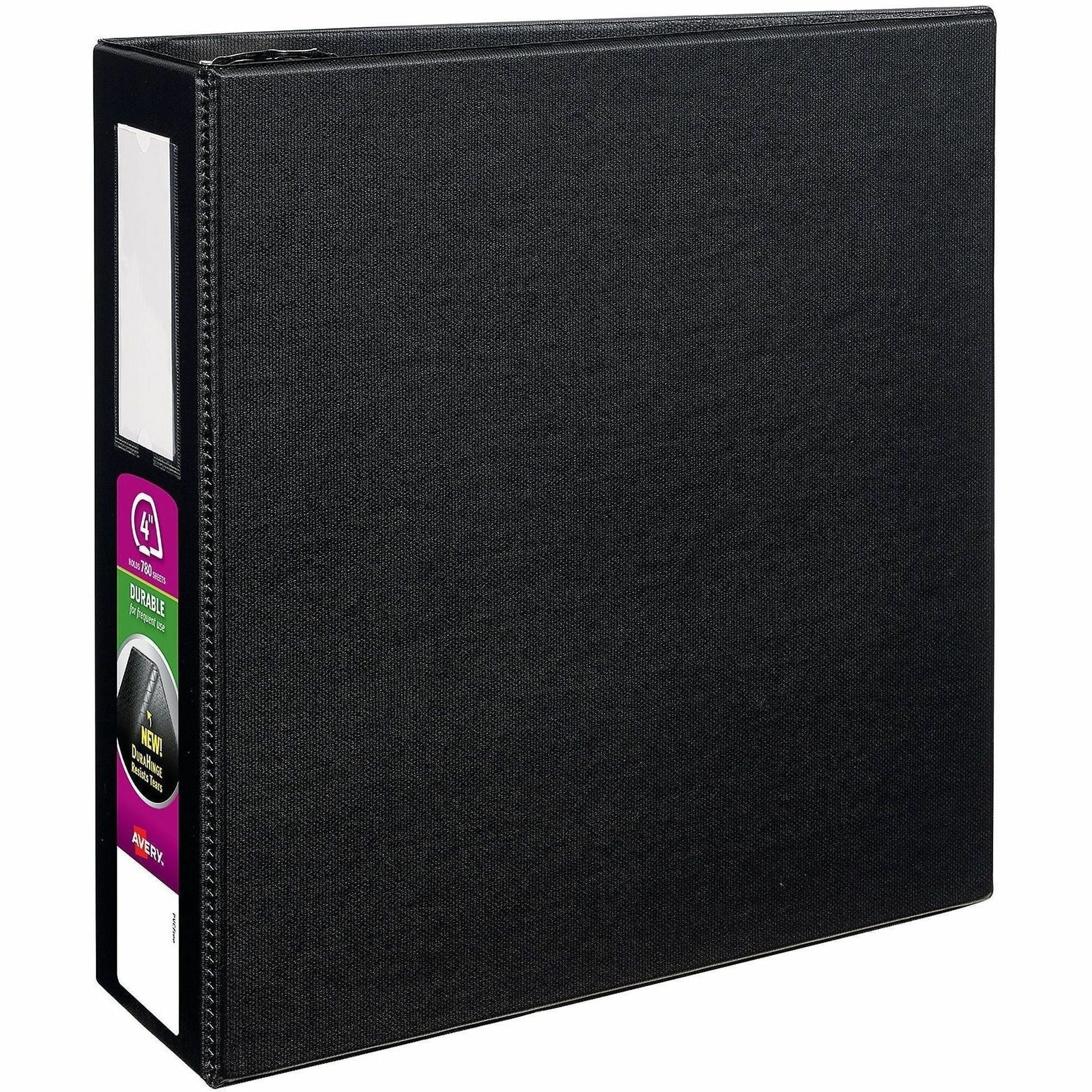 Avery DuraHinge Durable Binder with Label Holder, 4" Capacity, 3 D-Rings, 780 Sheet, 4 Internal Pockets, Letter Size, Black, Poly, Recycled, 1 Each