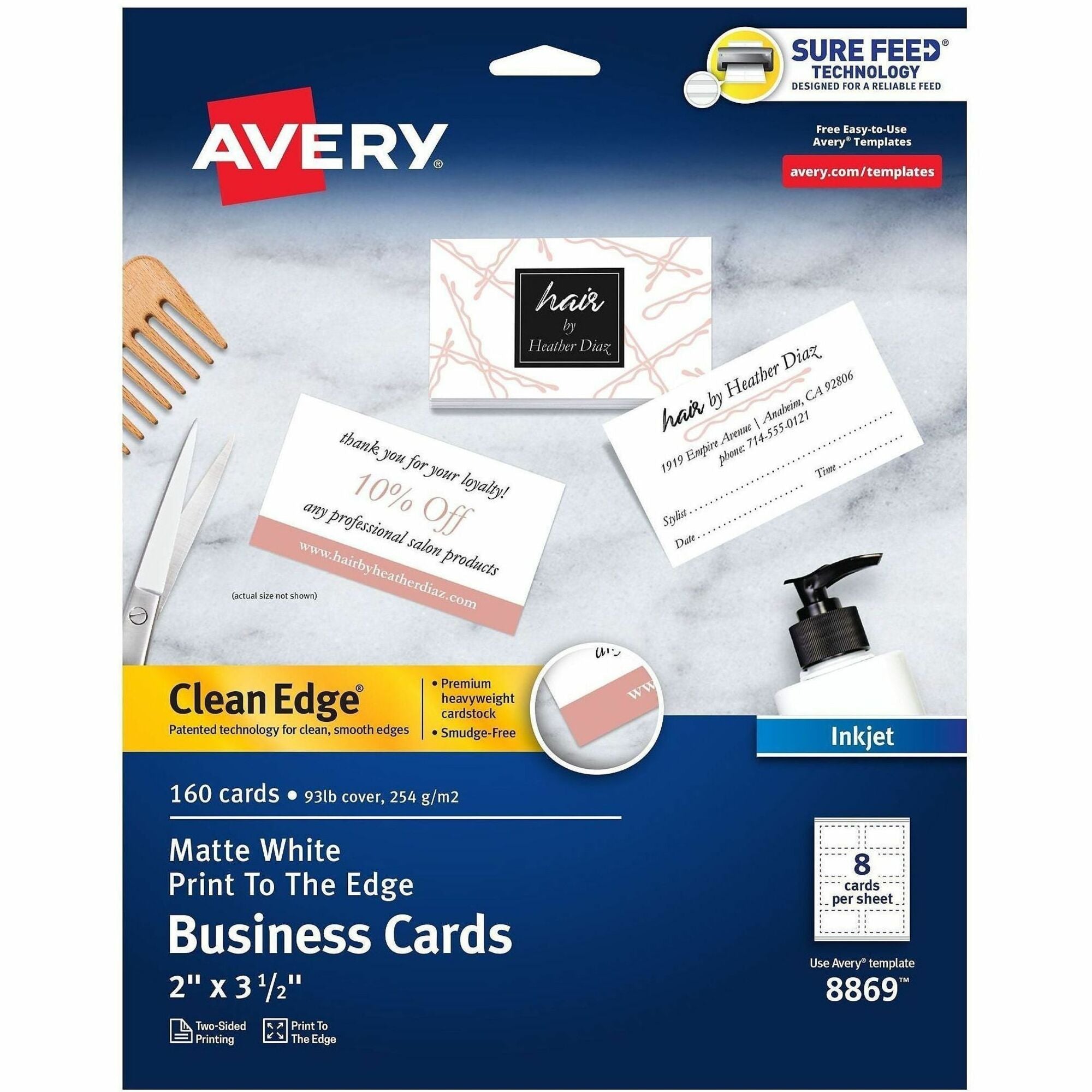 110 Brightness - A4 - 8 1/2" x 11" - 93 lb Basis Weight - 254 g/m² Grammage - Matte - Heavyweight, Rounded Corner, Smooth Edge, Print-to-the-edge, Printable, Avery Clean Edge Technology, Double-sided - White - 20 Sheets - 160 / Pack