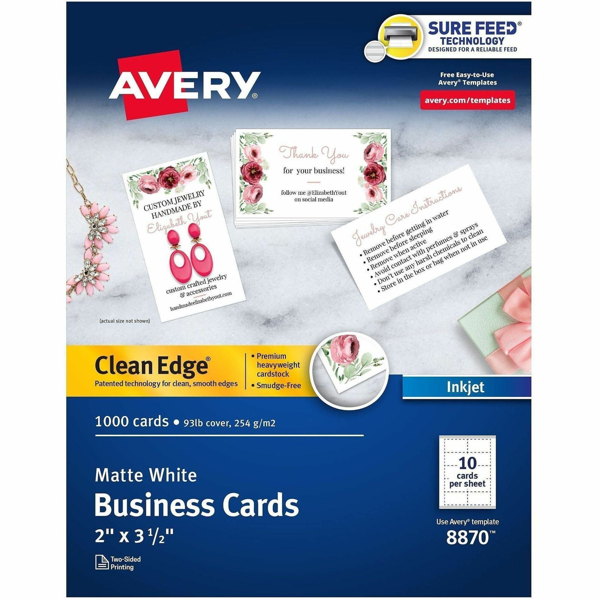 Avery Clean Edge Business Cards, Matte, Heavyweight, Rounded Corner, Smooth Edge, Jam-free, Smudge-free, Double-sided, Printable, White, 2" x 3 1/2", 110 Brightness, 93 lb, 254 g/m², 1000 Cards per Box