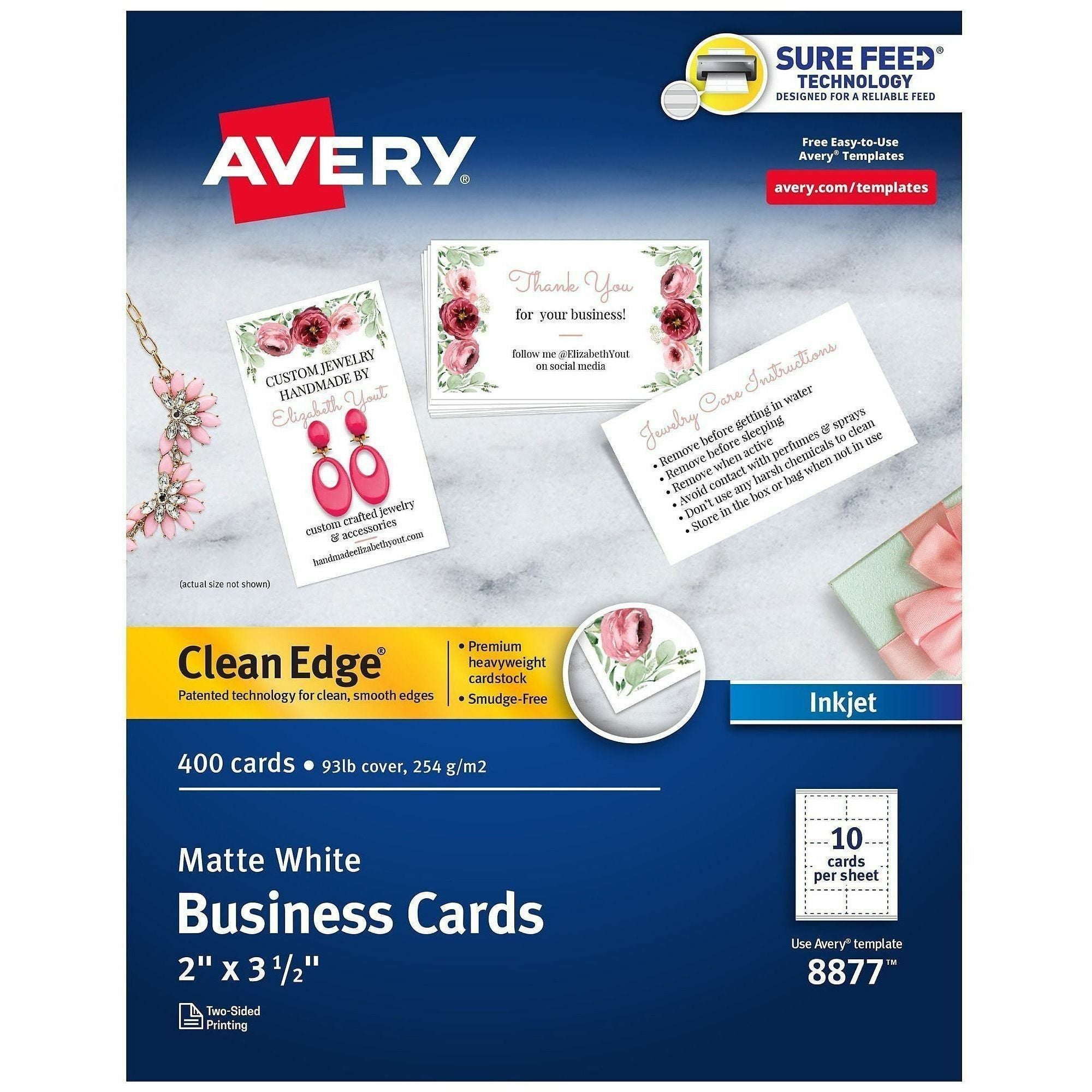Avery Clean Edge Business Cards, Matte, Heavyweight, Rounded Corners, Smooth Edge, Jam-Free, Smudge-Free, Double-Sided, White, 2" x 3-1/2", 40 Sheets/Box, 10 Cards/Sheet