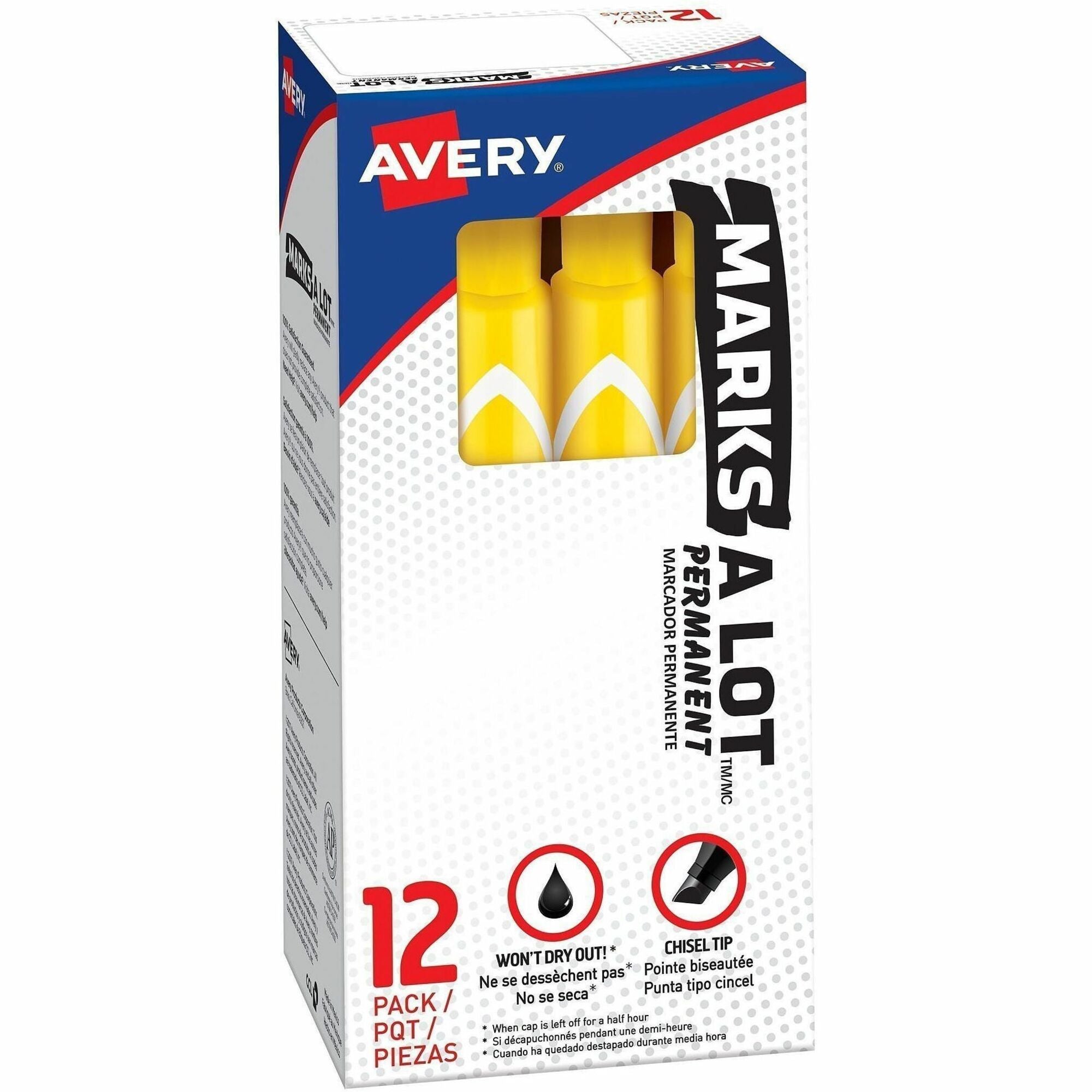 Avery&reg; Marks A Lot Large Desk-Style Permanent Markers - 4.762500 mm Chisel Marker Point - Yellow Ink - Plastic Barrel - 1 Dozen
