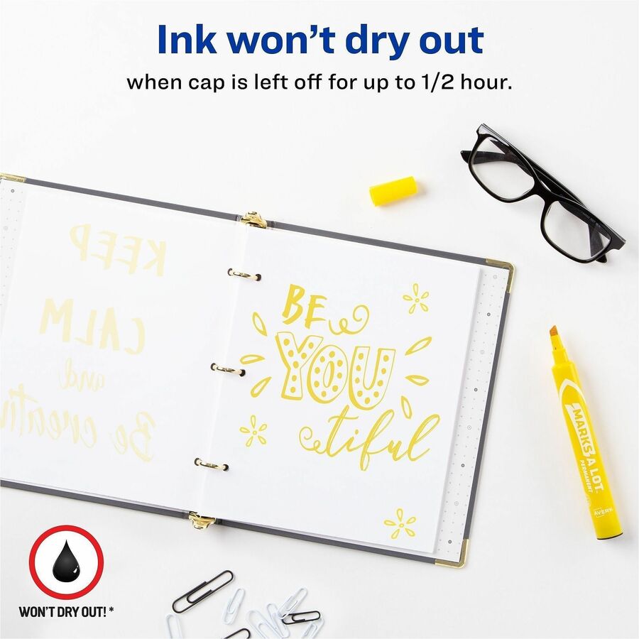Avery&reg; Marks A Lot Large Desk-Style Permanent Markers - 4.762500 mm Chisel Marker Point - Yellow Ink - Plastic Barrel - 1 Dozen