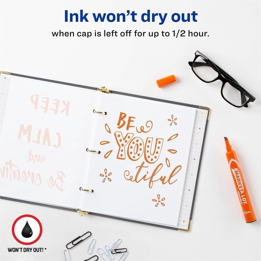 Avery&reg; Marks A Lot Large Desk-Style Permanent Markers - 4.762500 mm Chisel Marker Point - Orange Ink - Orange Plastic Barrel - 1 Dozen