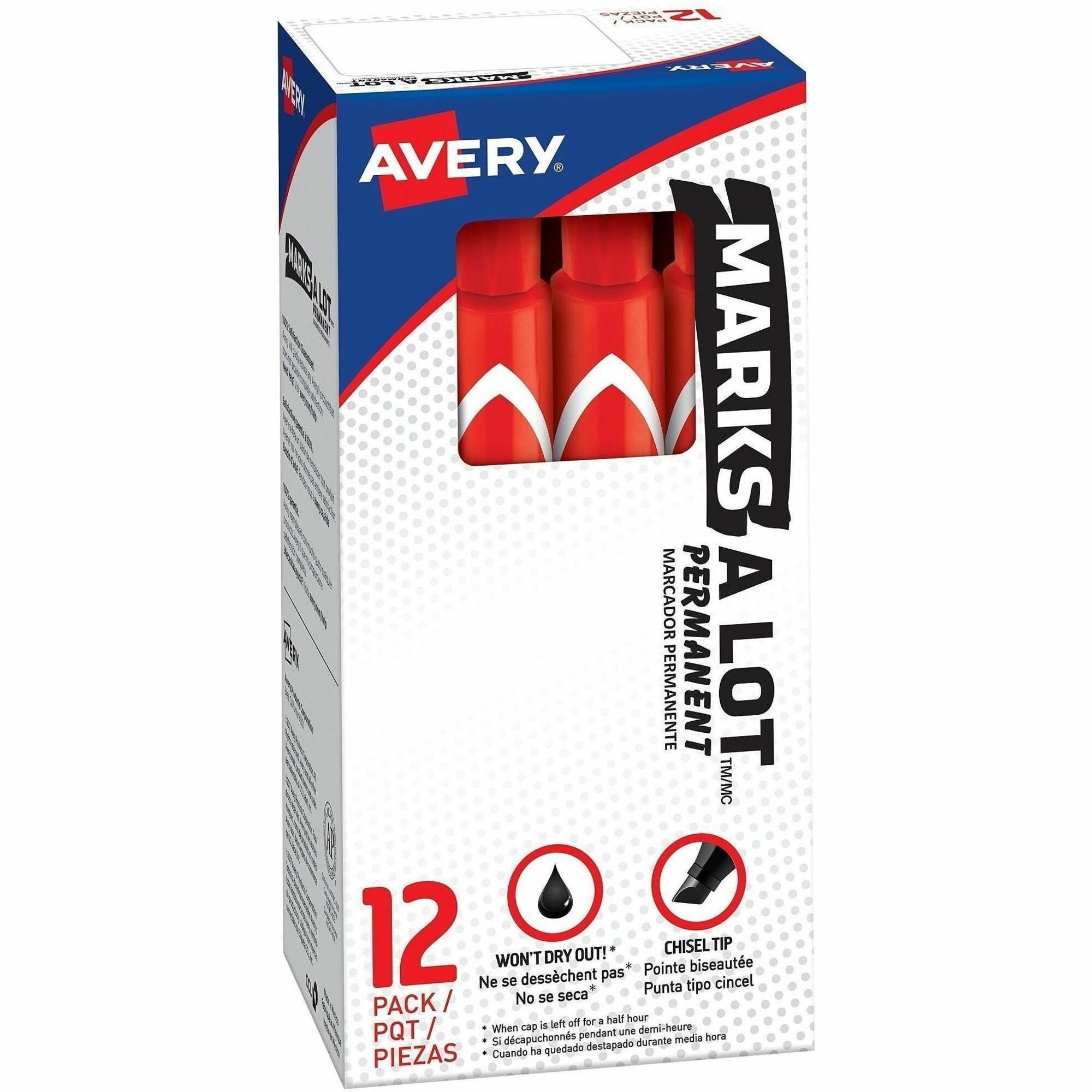 Avery&reg; Marks A Lot Large Desk-Style Permanent Markers - 4.762500 mm Chisel Marker Point - Red Ink - Red Plastic Barrel - 1 Dozen