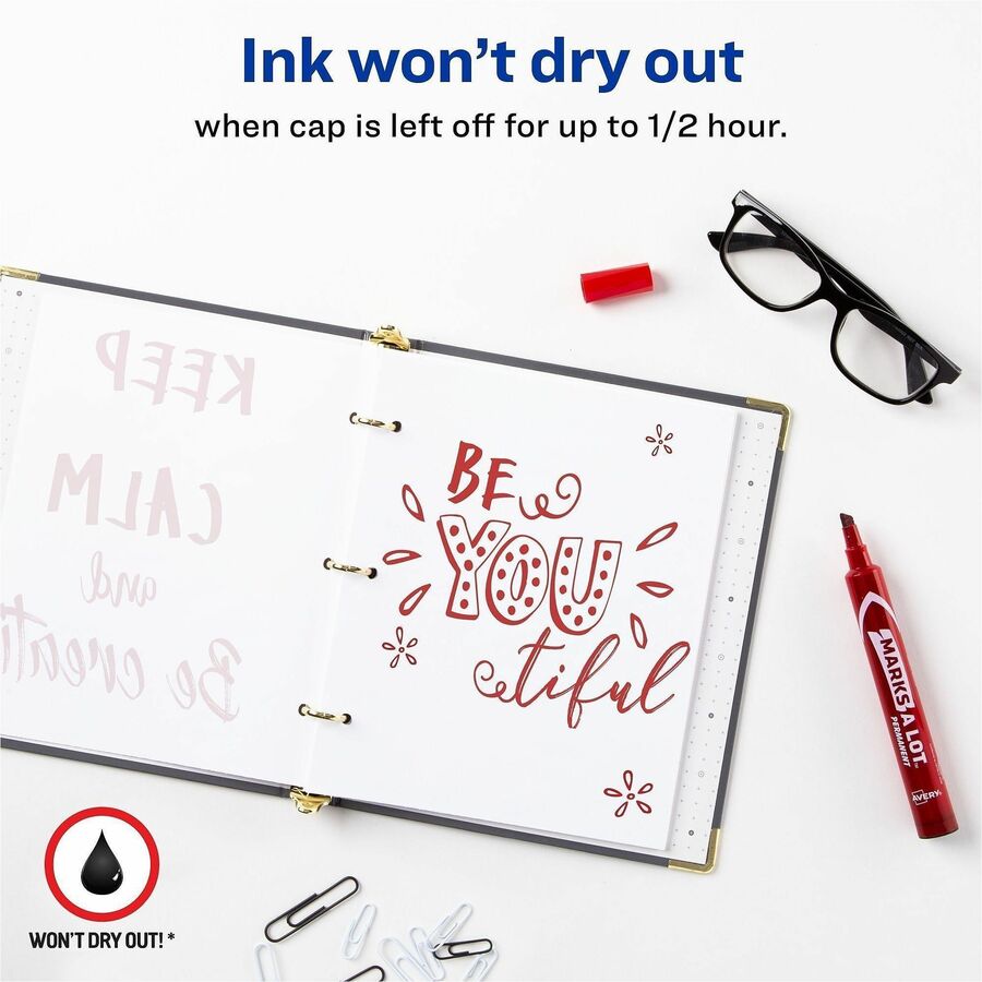 Avery&reg; Marks A Lot Large Desk-Style Permanent Markers - 4.762500 mm Chisel Marker Point - Red Ink - Red Plastic Barrel - 1 Dozen