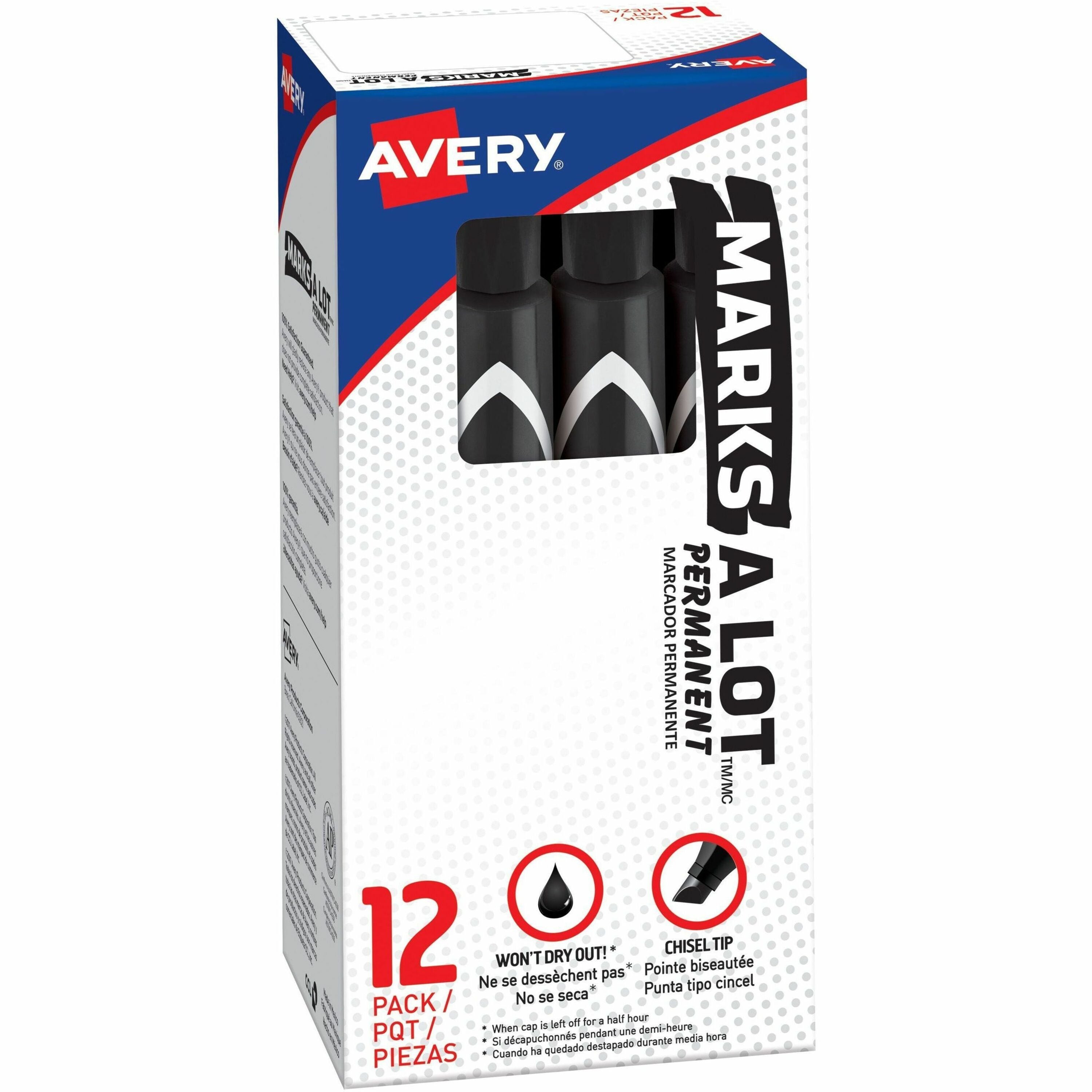 Avery&reg; Marks A Lot Marks A Lot Permanent Markers - Large Desk-Style Size - 4.762500 mm Chisel Marker Point - Black Ink - Black Barrel - 1 Dozen