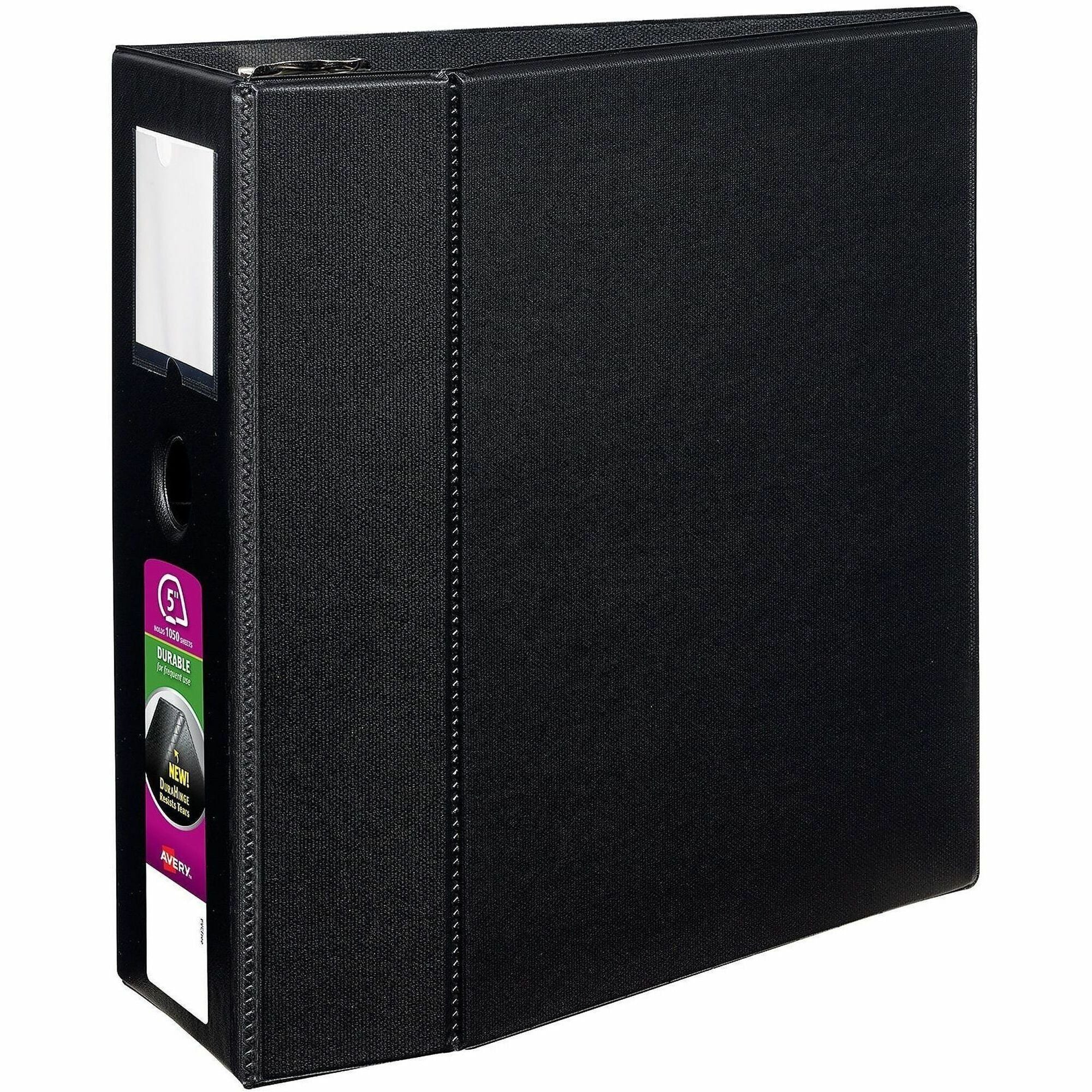 Avery DuraHinge Durable Binder with Label Holder, 5" Capacity, 3 D-Rings, 1050 Sheet, 4 Internal Pockets, Letter Size, Black, Poly, Recycled, 1 Each