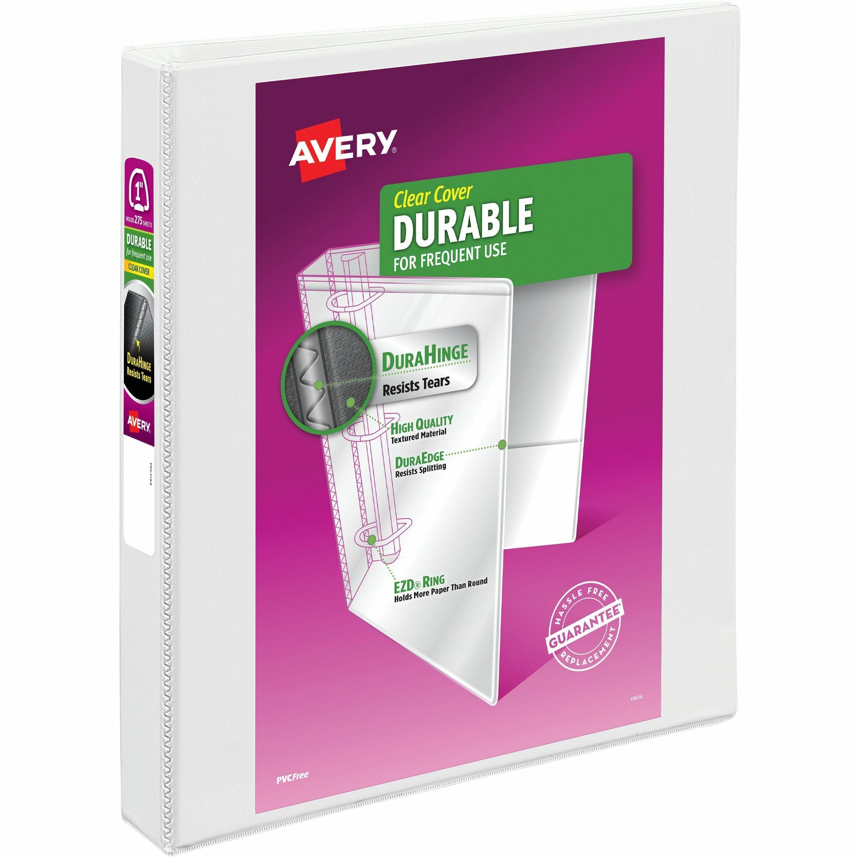 Avery Durable View Binder, EZD D-Rings, 1" Capacity, 3 Rings, 275 Sheet Capacity, 4 Internal Pockets, Letter Size (8.5" x 11"), White, Poly, 1 Each