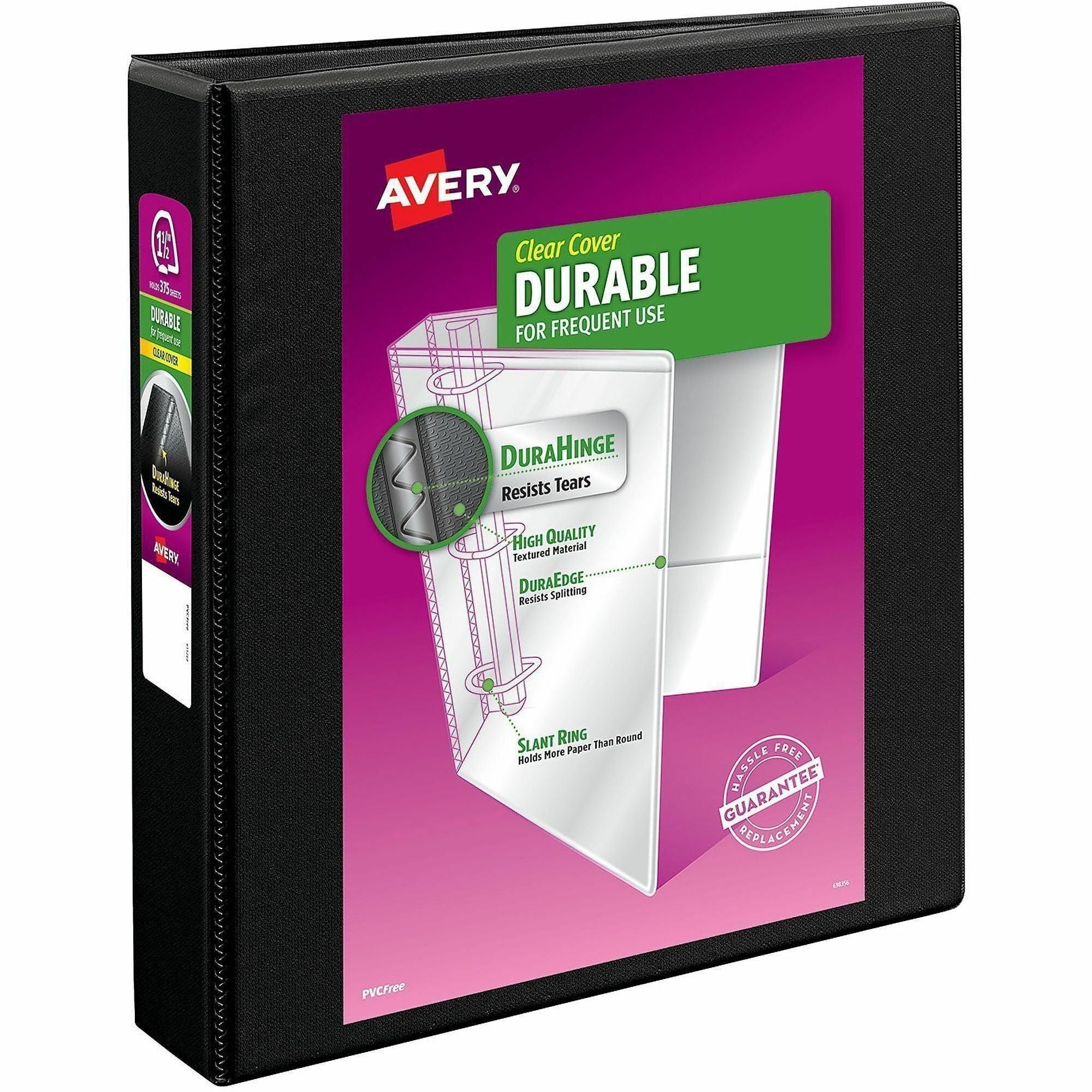 Avery Durable View Binder, EZD D-Rings, 1 1/2" Capacity, 3 Rings, 400 Sheet, 4 Internal Pockets, Letter Size, Black, Poly, 1 Each