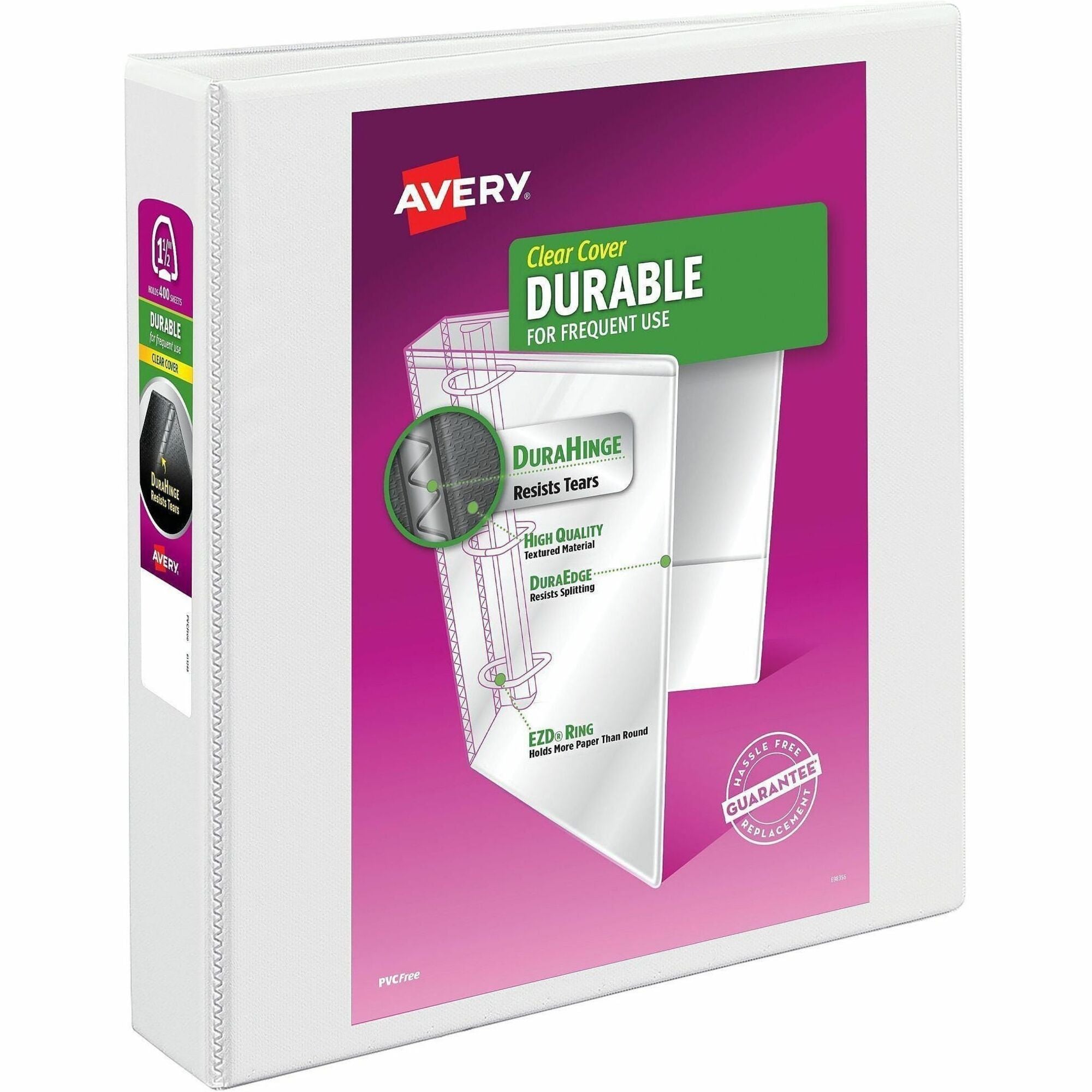 Avery Durable View Binder, EZD D-Rings, 1.5" Capacity, 3 Rings, 400 Sheet, Letter Size 8.5" x 11", 2 Internal Pockets, White, Poly, Recycled, 1 Each