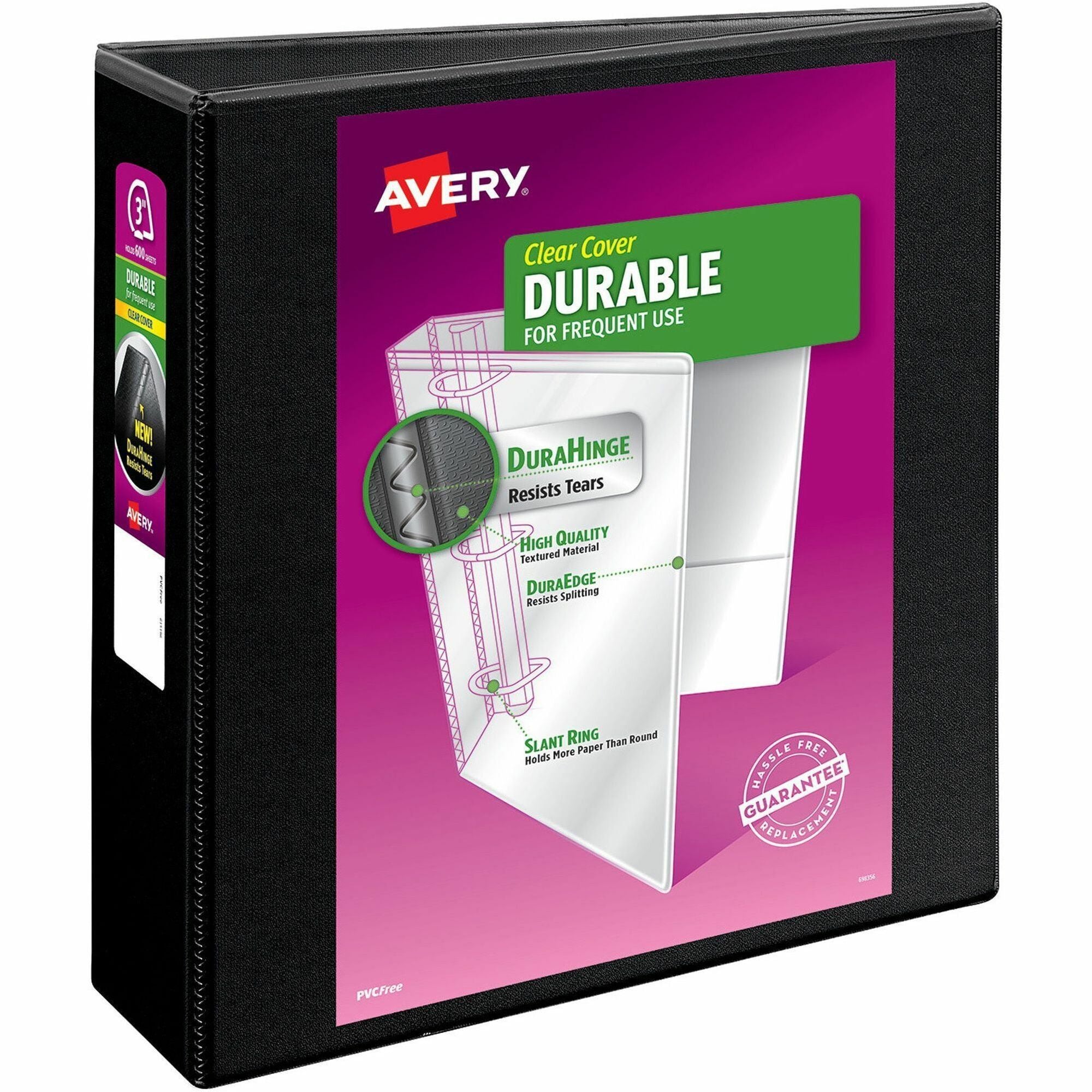 Avery Durable View Binder, EZD D-Rings, 3" Capacity, Letter Size (8.5" x 11"), 670 Sheet Capacity, 3 Rings, 4 Internal Pockets, Poly, Black, Recycled, 1 Each