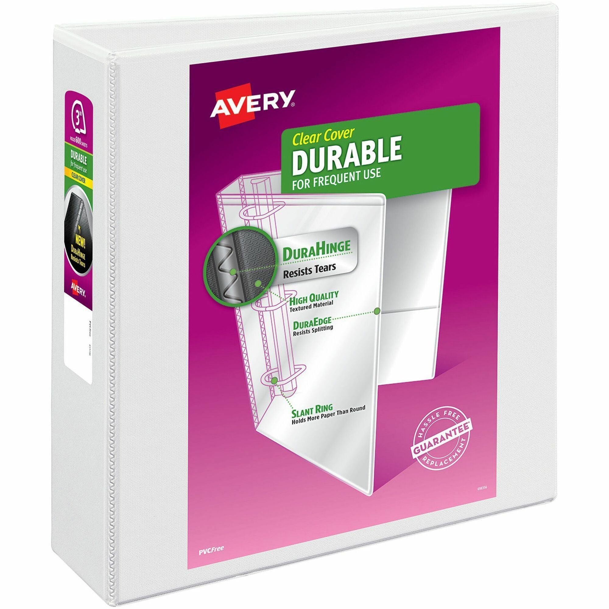 Avery Durable View Binder, EZD D-Rings, 3" Capacity, Holds 670 Letter-Size Sheets, 3 Rings, 4 Internal Pockets, White, Poly, Recycled, 1 Each