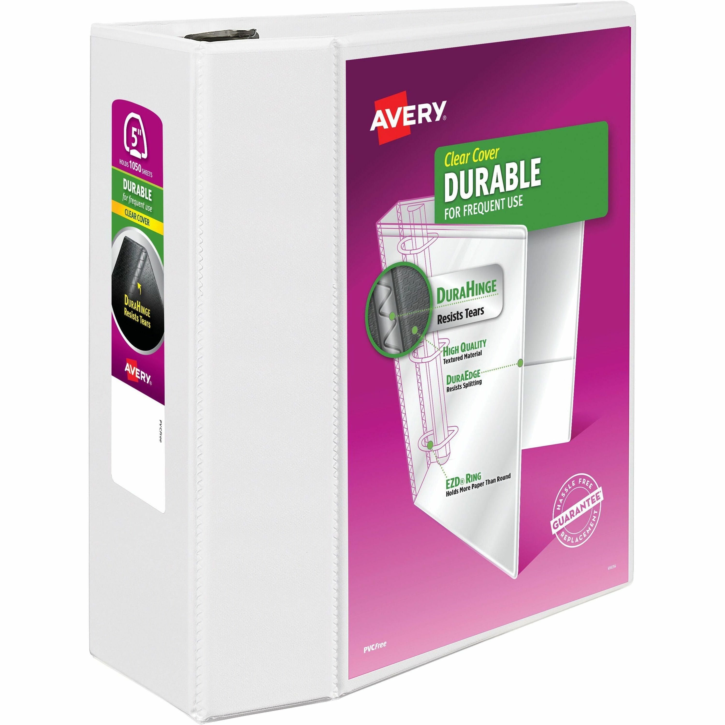 Avery Durable View Binder, EZD Rings, 5" Capacity, Letter Size, 1050 Sheet Capacity, 3 D-Rings, 4 Internal Pockets, White, Poly, Recycled, 1 Each