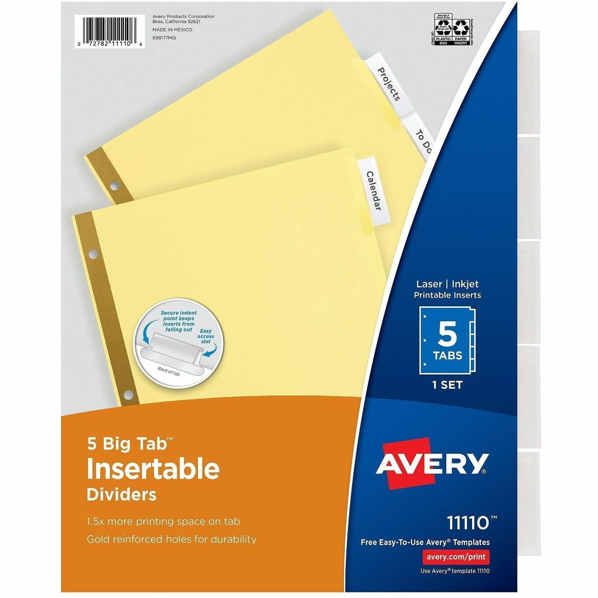 Avery Big Tab Insertable Dividers, Reinforced Gold Edge, 5 Blank Tabs, Letter Size, 3-Hole Punched, Buff Paper, Clear Tabs, 30% Recycled, Double Gold Reinforced Edges, 5 per Set