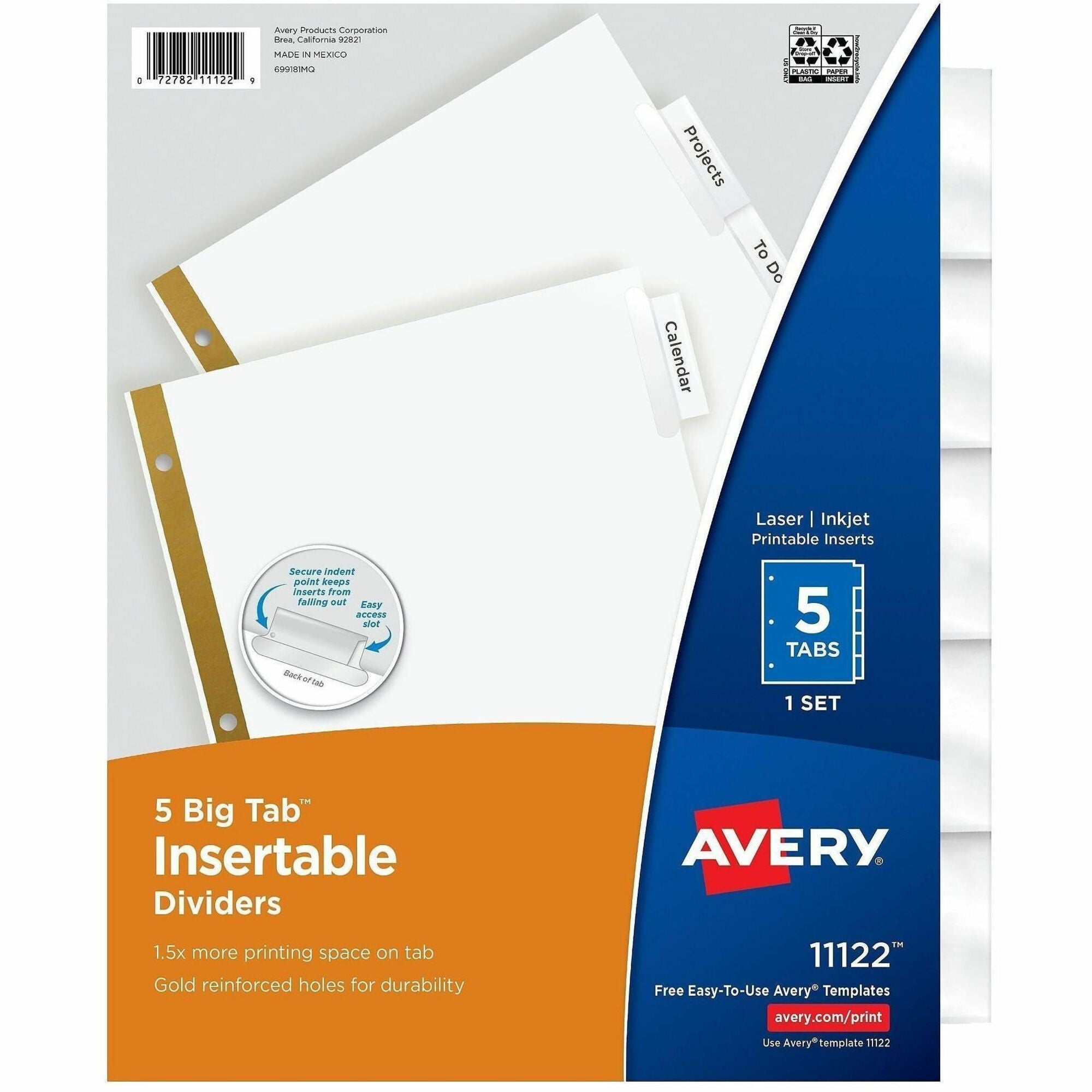 Avery Big Tab Insertable Dividers, Reinforced Gold Edge, 5 Clear Print-on Tabs, Letter Size, White Paper, 3-Hole Punched, 20% Recycled, 5 per Set