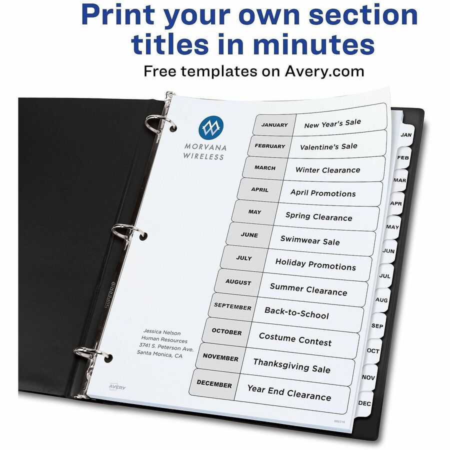 Avery Ready Index Binder Dividers, 12-Tab Set, Jan-Dec, Letter Size, 8.5" x 11", White, 3-Hole Punched, Reinforced Edges, 20% Recycled Paper, 1 Set