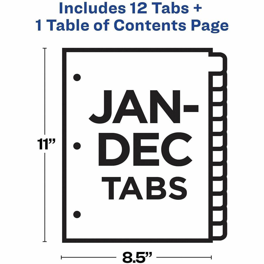 Avery Ready Index Binder Dividers, 12-Tab Set, Jan-Dec, Letter Size, 8.5" x 11", White, 3-Hole Punched, Reinforced Edges, 20% Recycled Paper, 1 Set