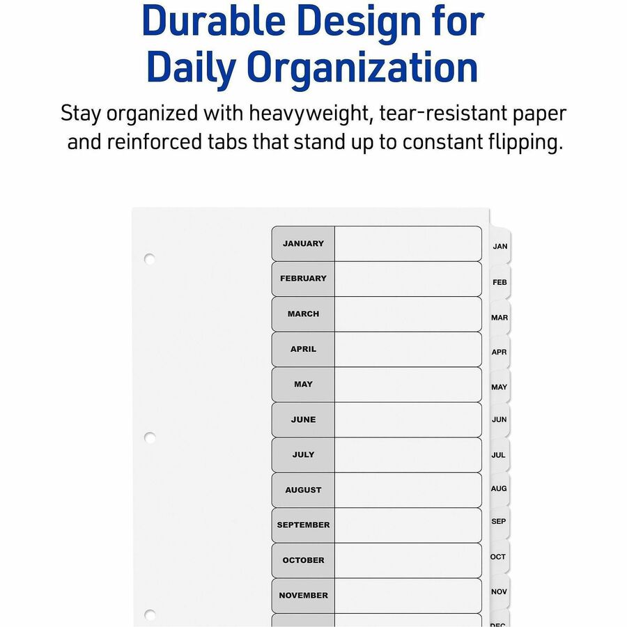 Avery Ready Index Binder Dividers, 12-Tab Set, Jan-Dec, Letter Size, 8.5" x 11", White, 3-Hole Punched, Reinforced Edges, 20% Recycled Paper, 1 Set