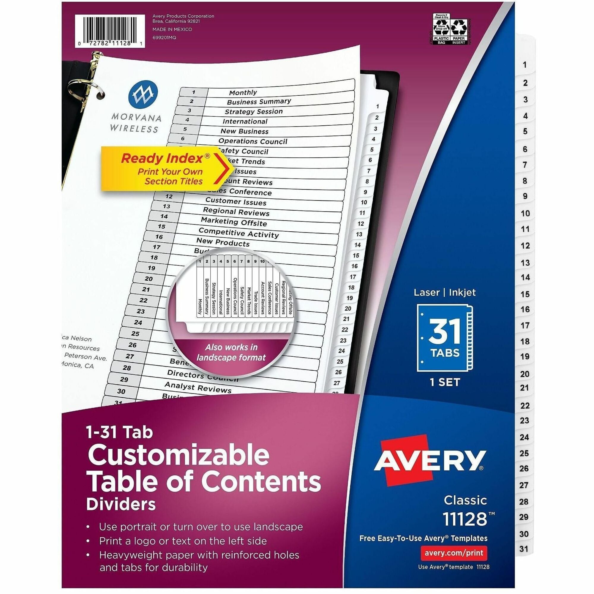 Avery Ready Index Binder Dividers, 31 Tab Set, 1-31 Printed White Tabs, 8.5" x 11", Letter Size, 3-Hole Punched, Reinforced, 20% Recycled Paper