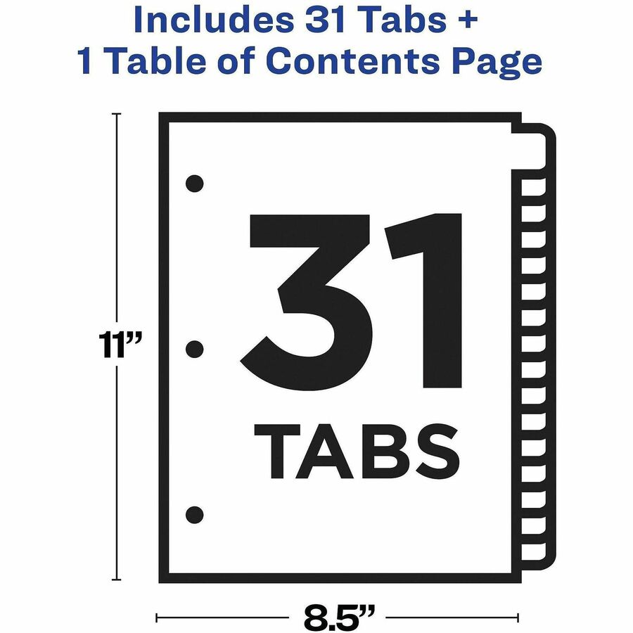 Avery Ready Index Binder Dividers, 31 Tab Set, 1-31 Printed White Tabs, 8.5" x 11", Letter Size, 3-Hole Punched, Reinforced, 20% Recycled Paper