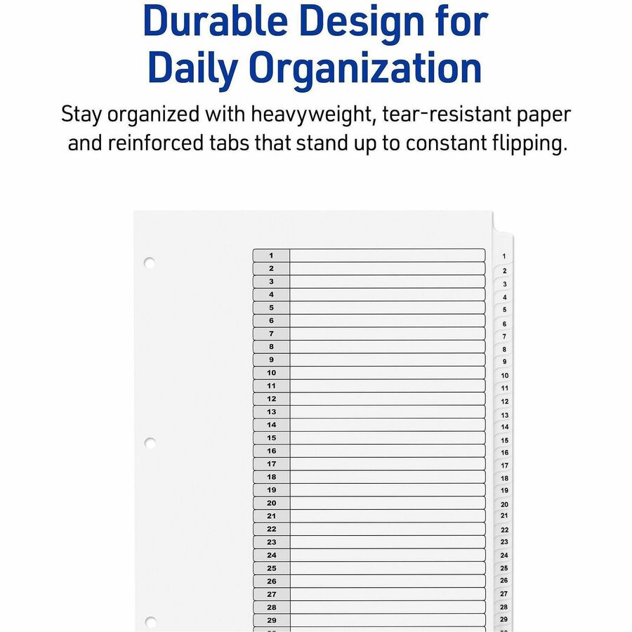 Avery Ready Index Binder Dividers, 31 Tab Set, 1-31 Printed White Tabs, 8.5" x 11", Letter Size, 3-Hole Punched, Reinforced, 20% Recycled Paper