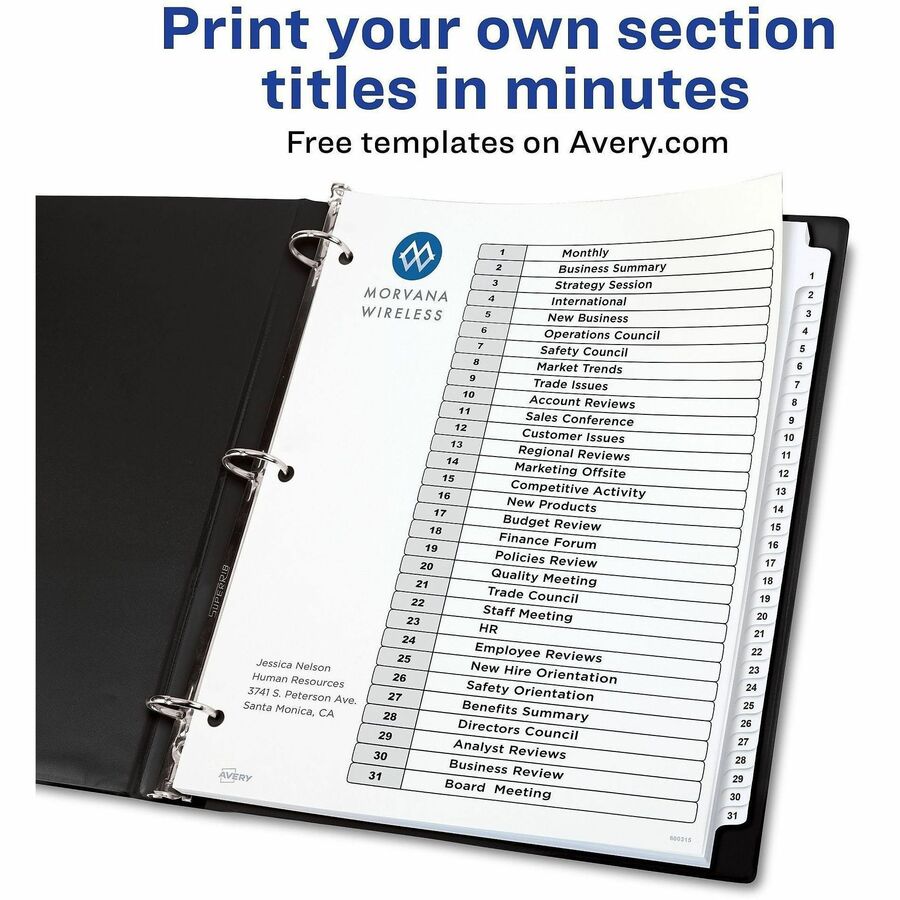 Avery Ready Index Binder Dividers, 31 Tab Set, 1-31 Printed White Tabs, 8.5" x 11", Letter Size, 3-Hole Punched, Reinforced, 20% Recycled Paper