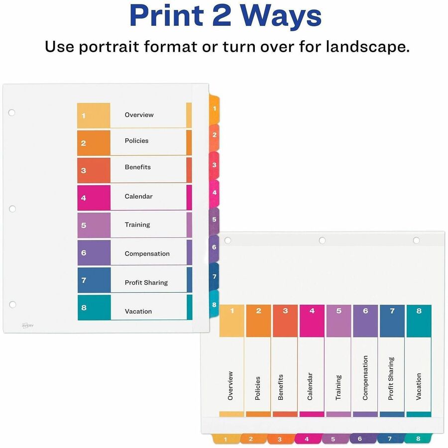 8 Printed Tab(s) - Digit - 1-8 - 8 Tab(s)/Set - 9" Divider Width x 11" Divider Length - 3 Hole Punched - Multicolor Paper Divider - 20% Recycled - Reinforced, Punched, Hole Reinforcement - 8 / Set