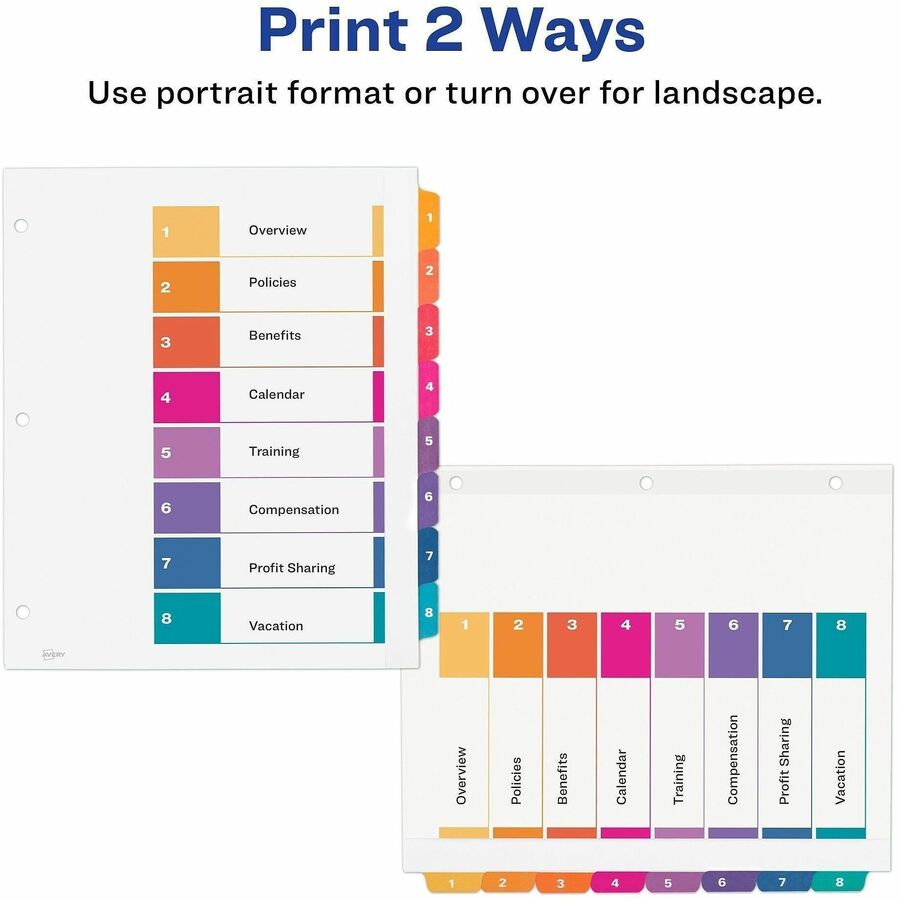 8 Printed Tab(s) - Digit - 1-8 - 8 Tab(s)/Set - 9" Divider Width x 11" Divider Length - 3 Hole Punched - Multicolor Paper Divider - 20% Recycled - Reinforced, Punched, Hole Reinforcement - 8 / Set