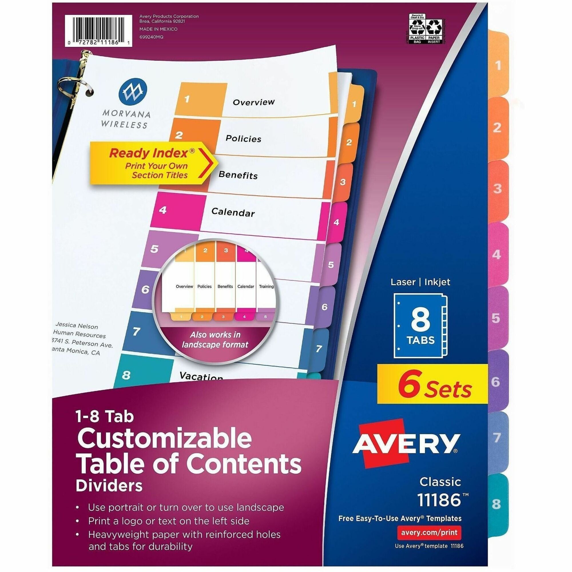 Avery Ready Index 8 Tab Dividers, Customizable TOC, 6 Sets (11186)