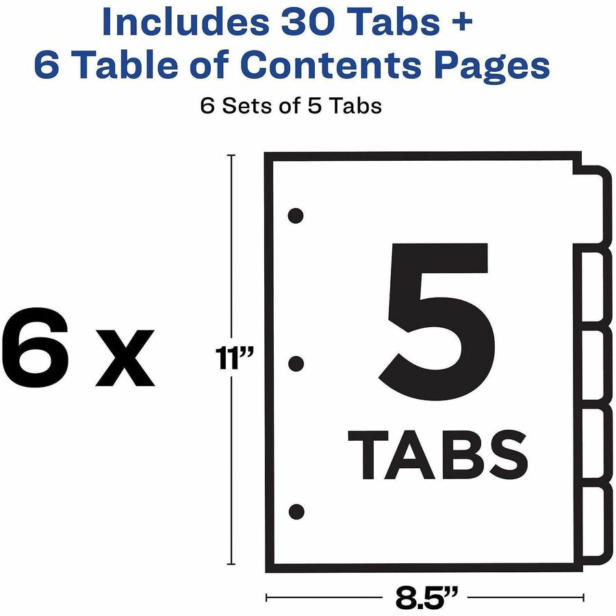 Avery Ready Index 5 Tab Dividers, Customizable TOC, 6 Sets (11187)