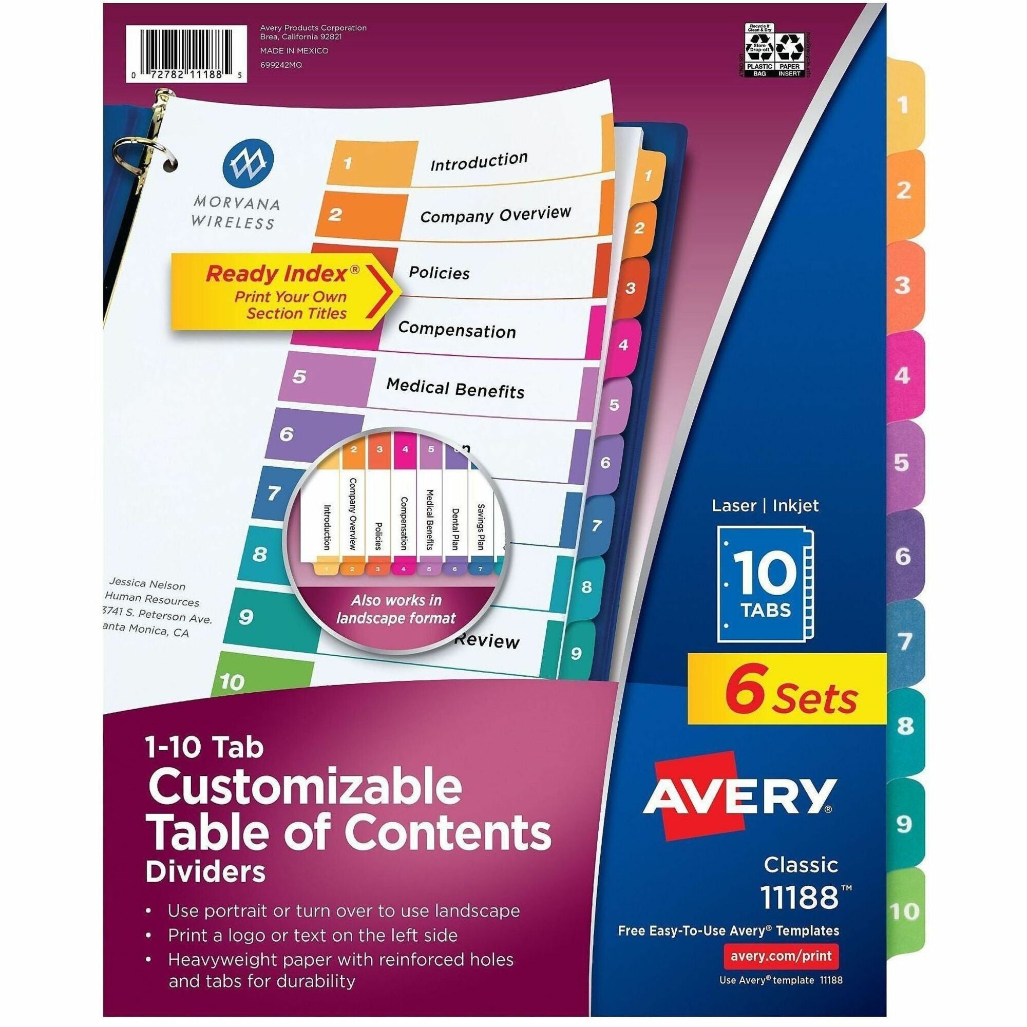 Avery Ready Index 10 Tab Dividers, Customizable TOC, 6 Sets (11188)