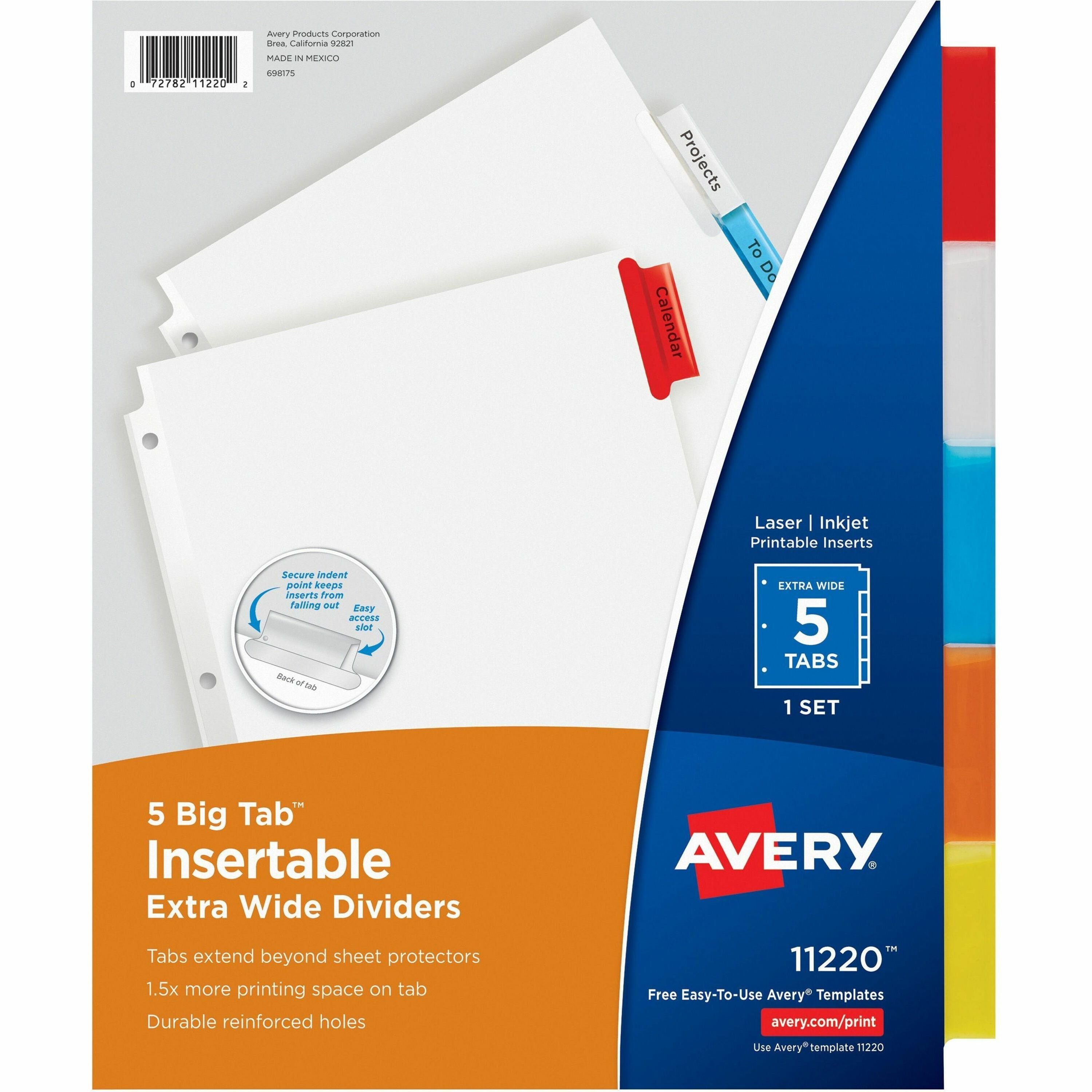 Avery&reg; Big Tab Extra-Wide Insertable Dividers - 5 Blank Tab(s) - 5 Tab(s)/Set - 9" Divider Width x 11" Divider Length - 3 Hole Punched - White Paper Divider - Multicolor Tab(s) - 20% Recycled - Reinforced Edges - 5 / Set
