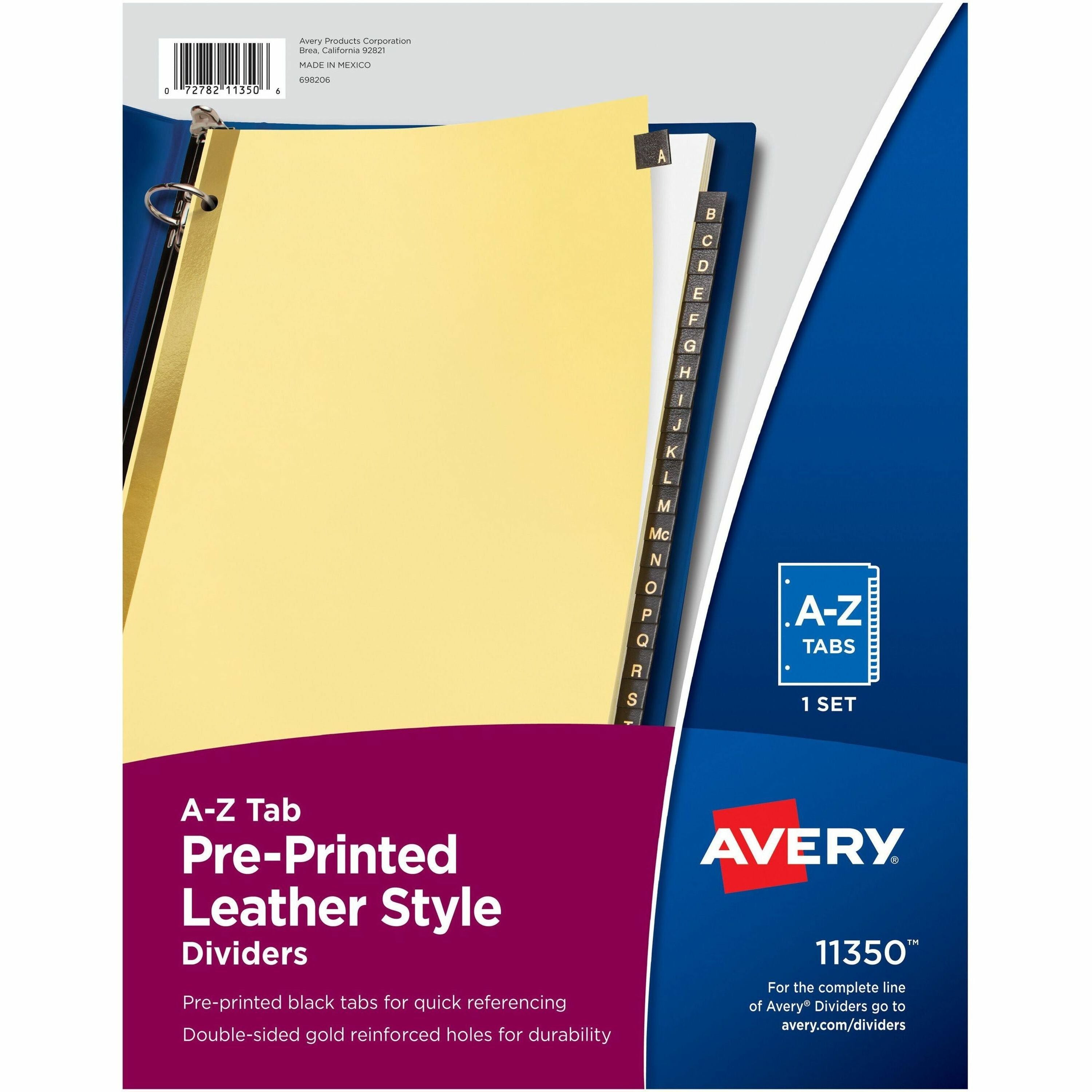 Avery Preprinted Tab Dividers, Gold Reinforced Edge, A-Z, 25 Tabs/Set, 8.5" x 11", Letter Size, 3-Hole Punched, Buff Dividers, Black Leather Tabs, 30% Recycled, 25/Set