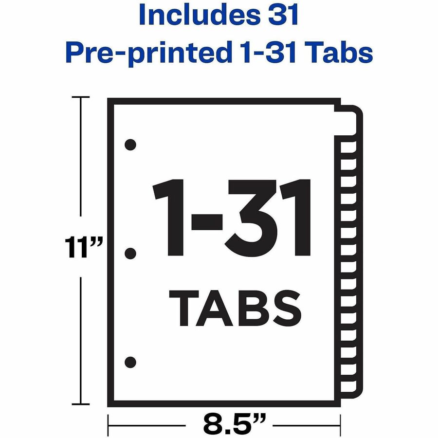 Avery Preprinted Tab Dividers, Gold Reinforced Edge, 31 Dividers per Set, Numbered 1-31, Letter Size, 3-Hole Punched, Buff Paper, Black Leather Tabs, 30% Recycled Content