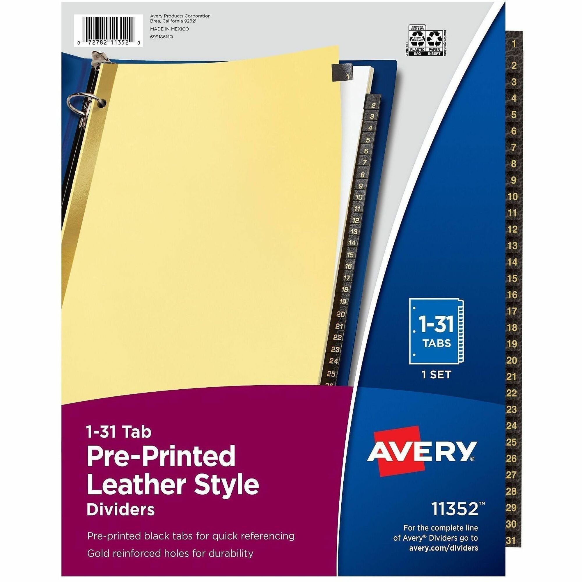 Avery Preprinted Tab Dividers, Gold Reinforced Edge, 31 Dividers per Set, Numbered 1-31, Letter Size, 3-Hole Punched, Buff Paper, Black Leather Tabs, 30% Recycled Content